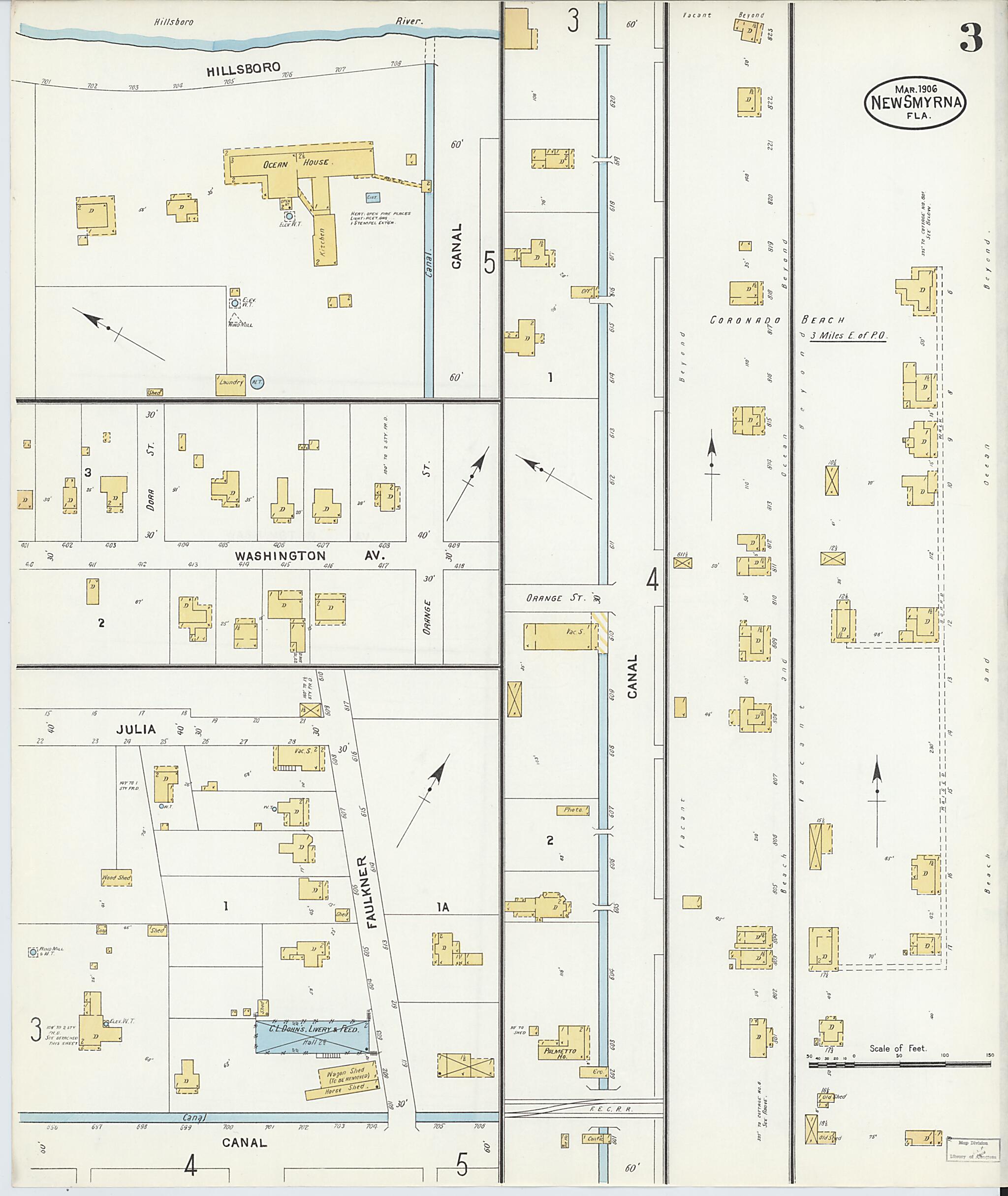 This old map of New Smyrna, Valusia County, Florida was created by Sanborn Map Company in 1906