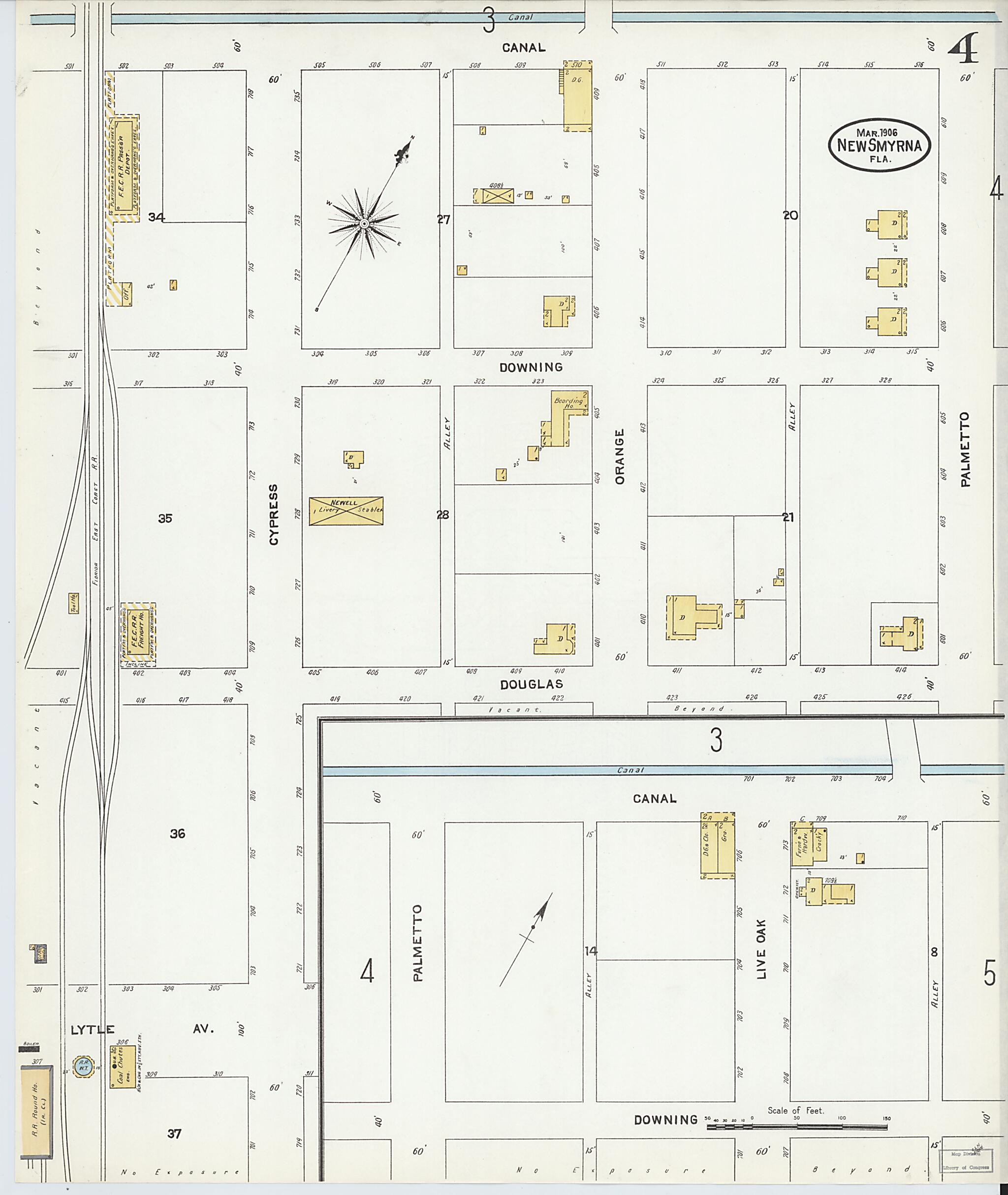This old map of New Smyrna, Valusia County, Florida was created by Sanborn Map Company in 1906