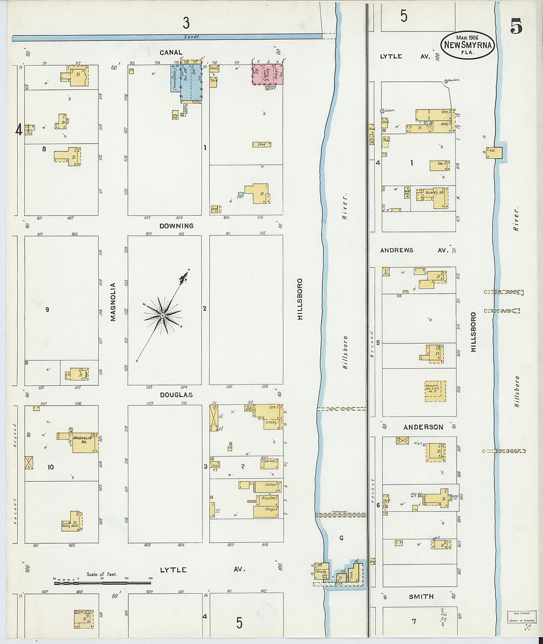This old map of New Smyrna, Valusia County, Florida was created by Sanborn Map Company in 1906