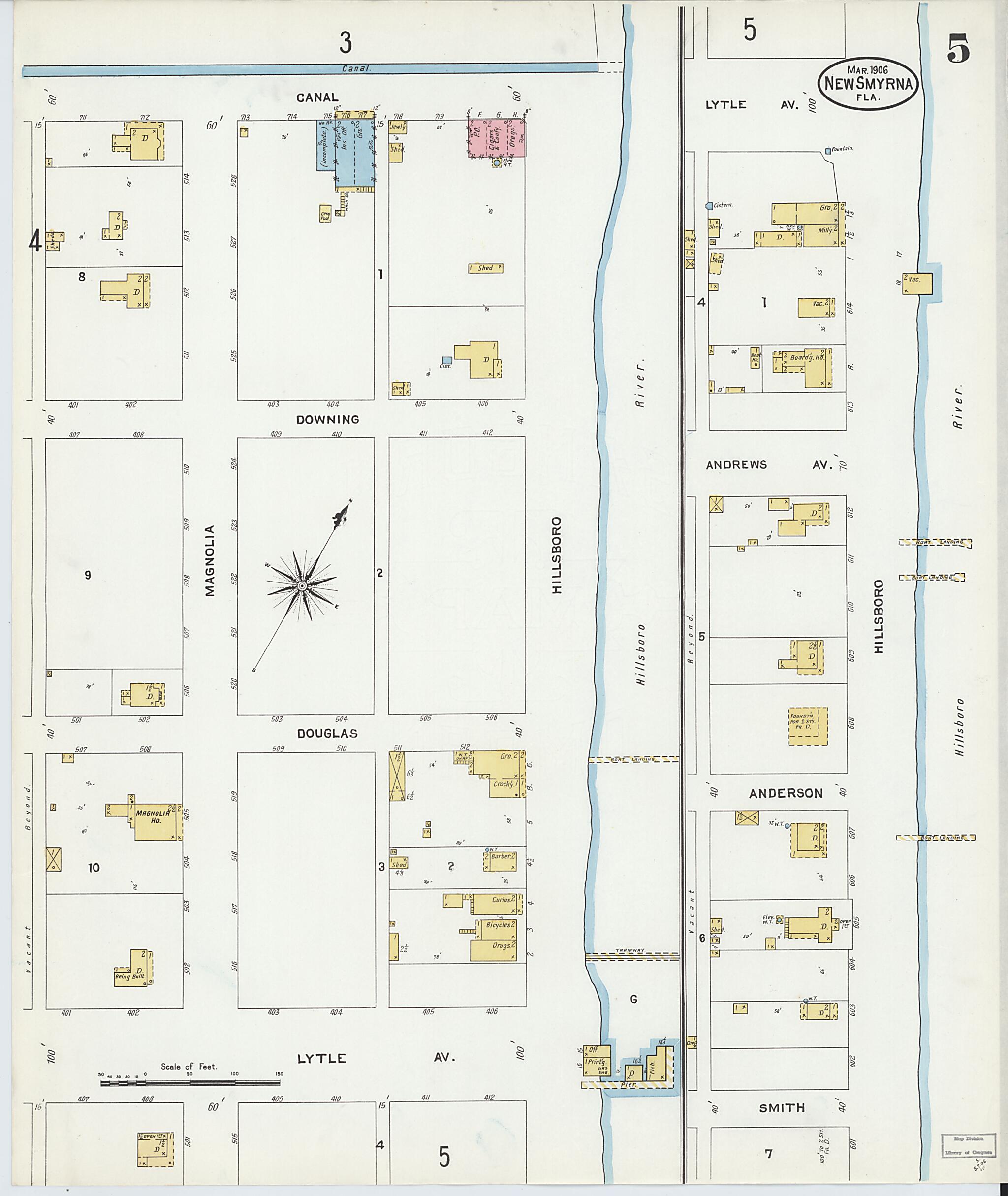 This old map of New Smyrna, Valusia County, Florida was created by Sanborn Map Company in 1906