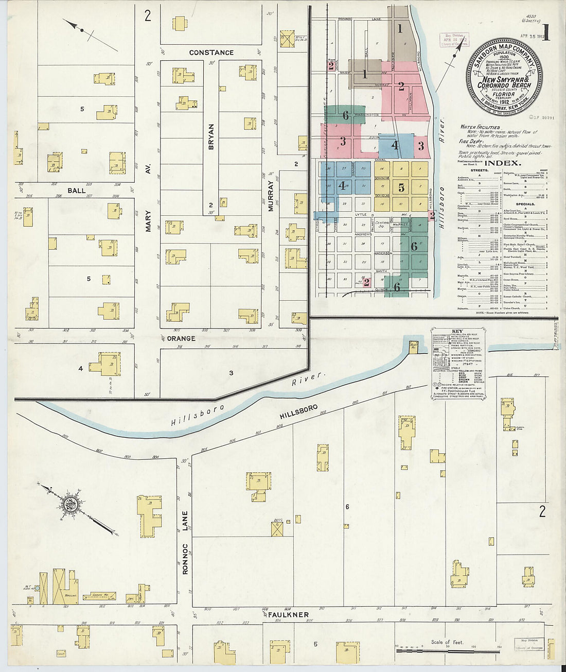 This old map of New Smyrna, Valusia County, Florida was created by Sanborn Map Company in 1912