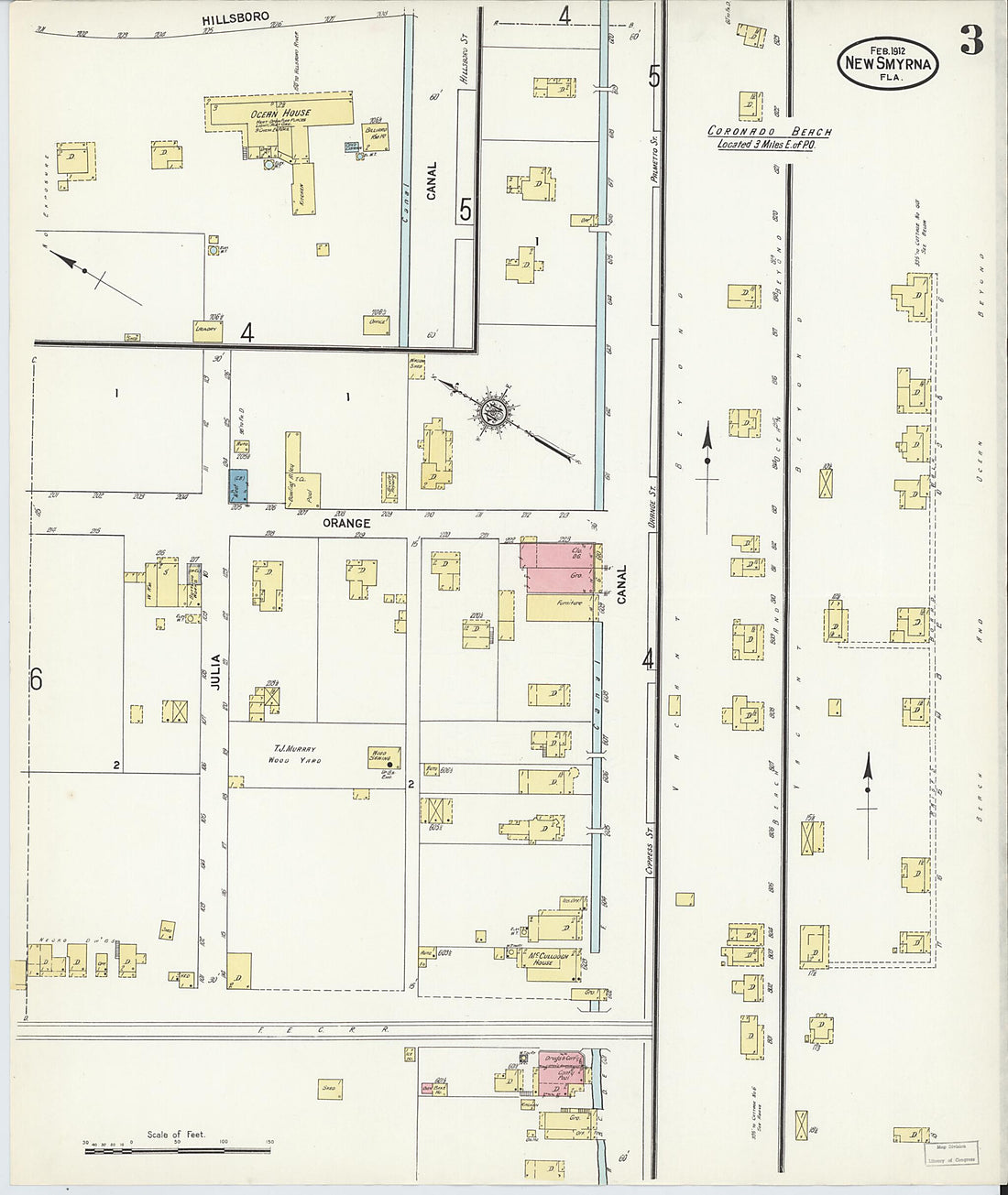 This old map of New Smyrna, Valusia County, Florida was created by Sanborn Map Company in 1912