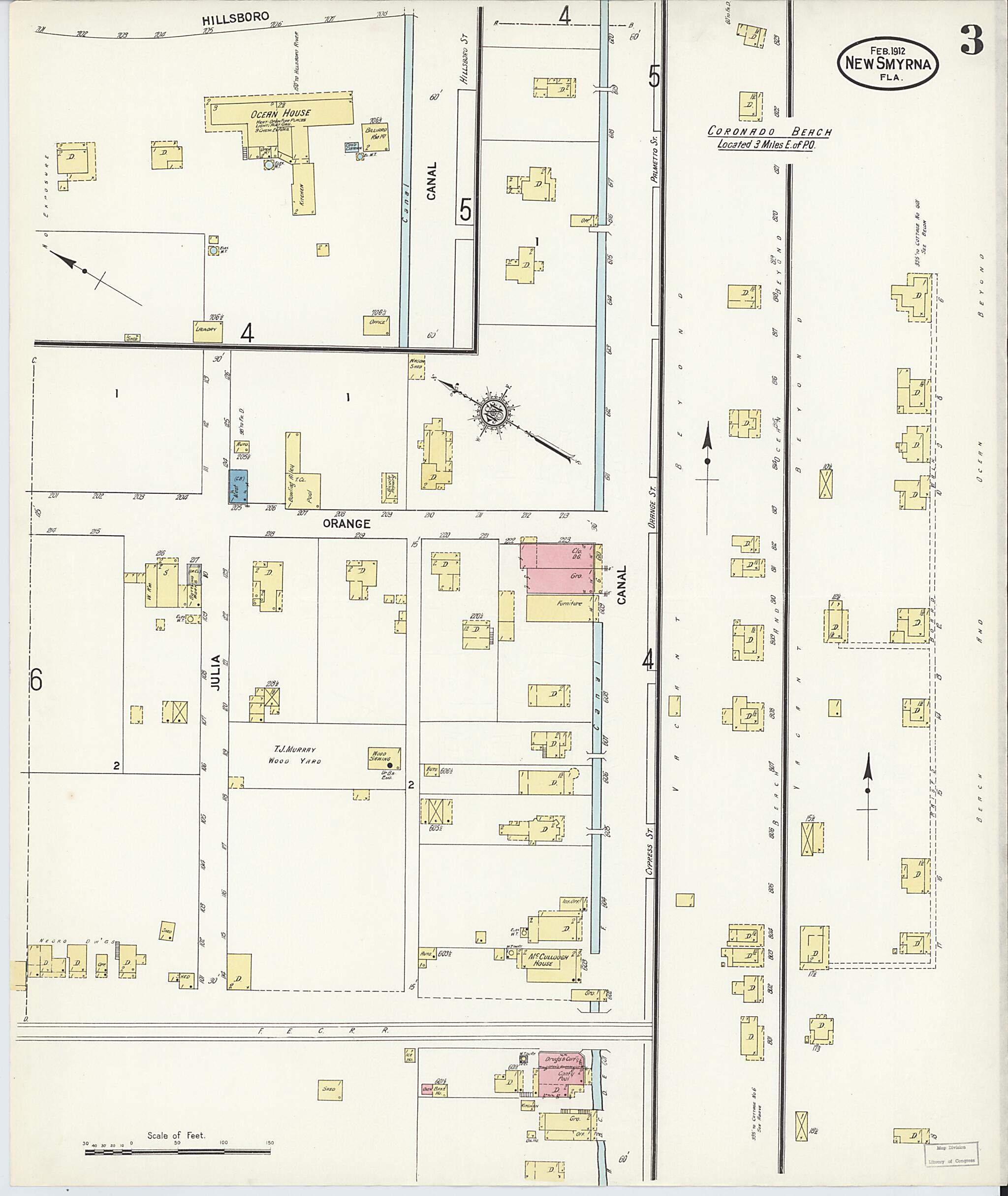 This old map of New Smyrna, Valusia County, Florida was created by Sanborn Map Company in 1912