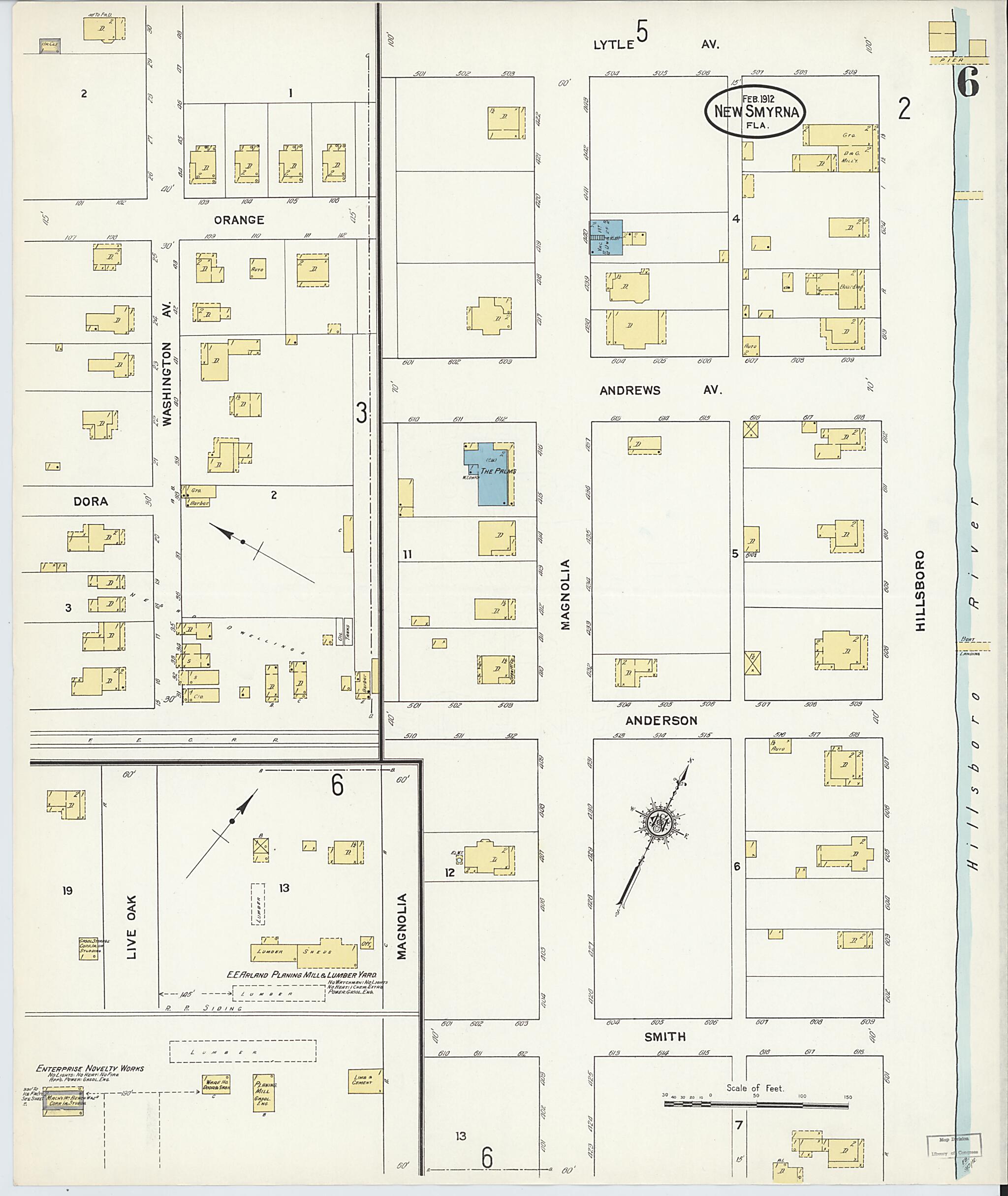 This old map of New Smyrna, Valusia County, Florida was created by Sanborn Map Company in 1912