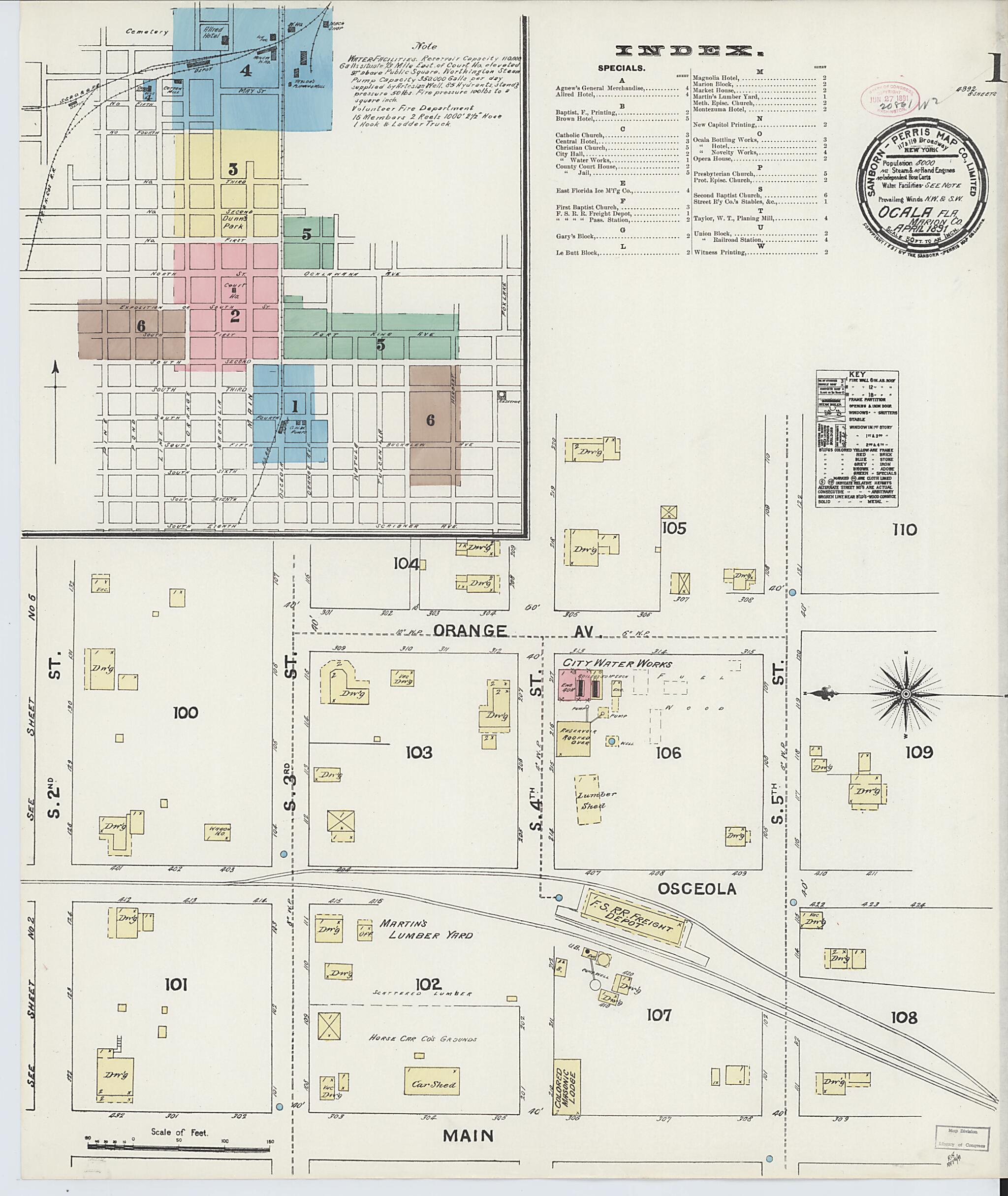 This old map of Ocala, Marion County, Florida was created by Sanborn Map Company in 1891