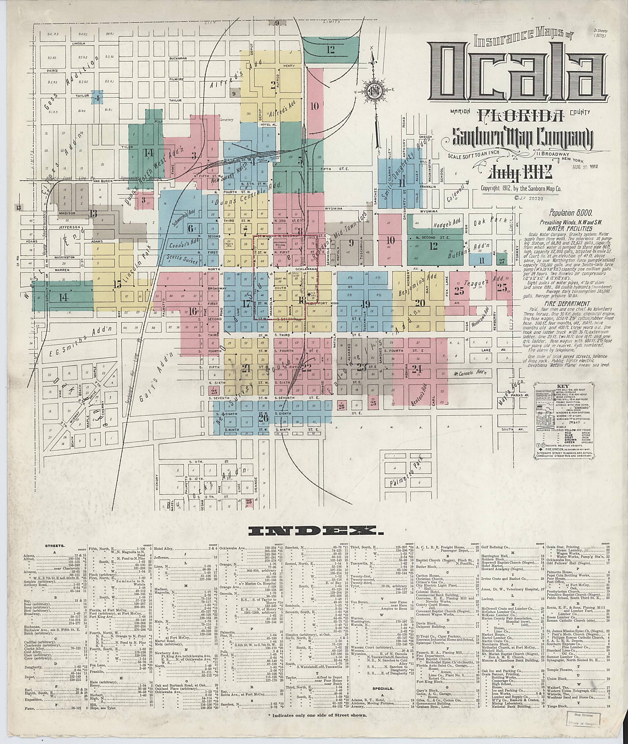 This old map of Ocala, Marion County, Florida was created by Sanborn Map Company in 1912