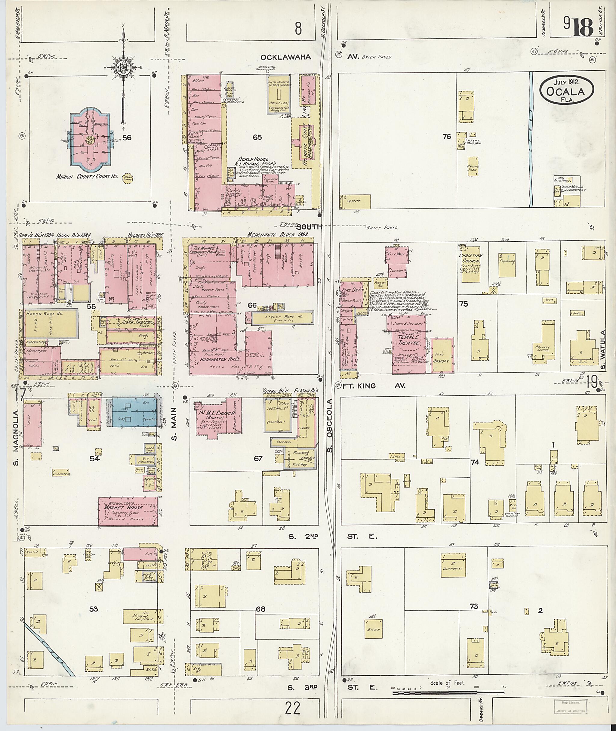 This old map of Ocala, Marion County, Florida was created by Sanborn Map Company in 1912