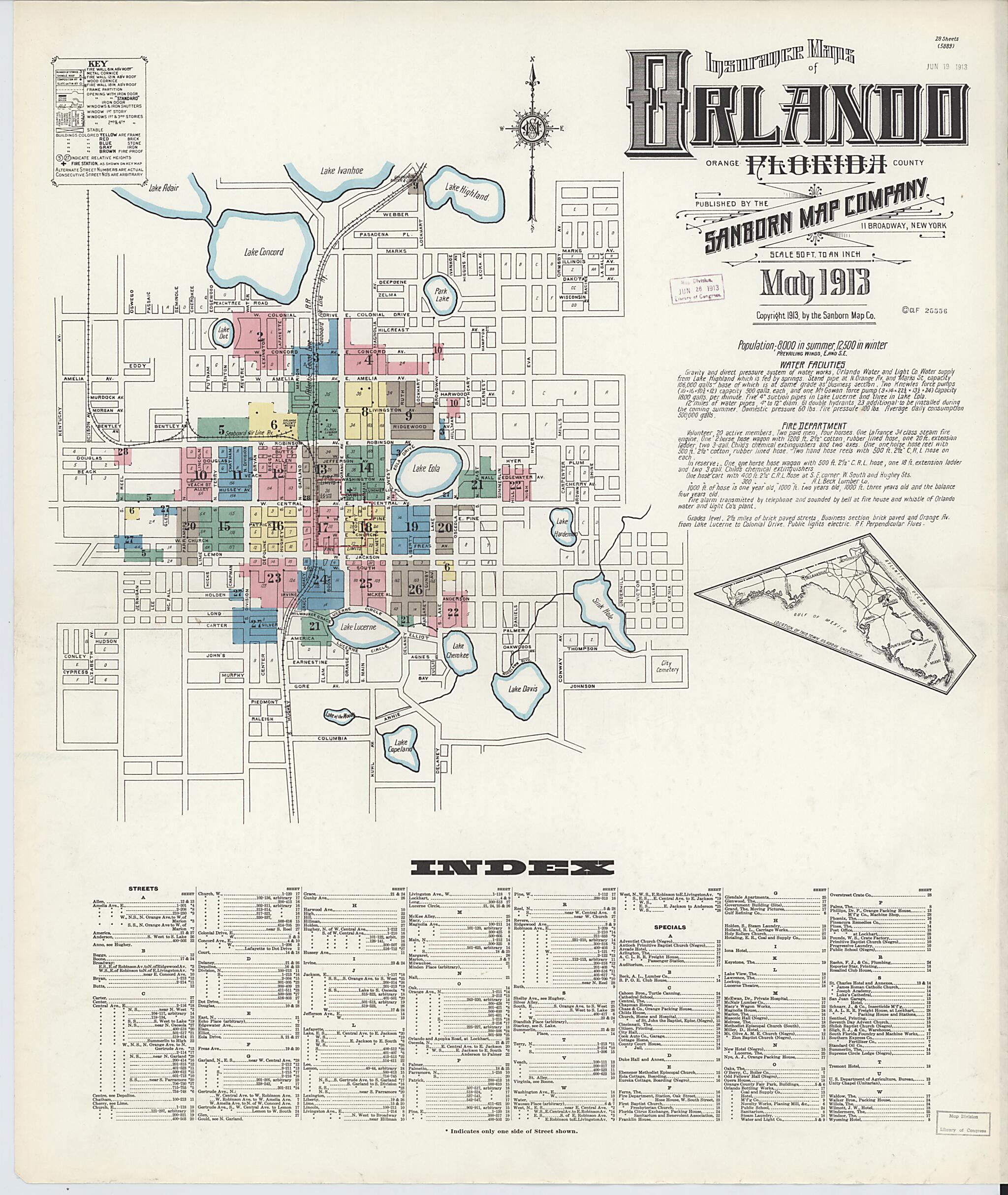 This old map of Orlando, Orange County, Florida was created by Sanborn Map Company in 1913