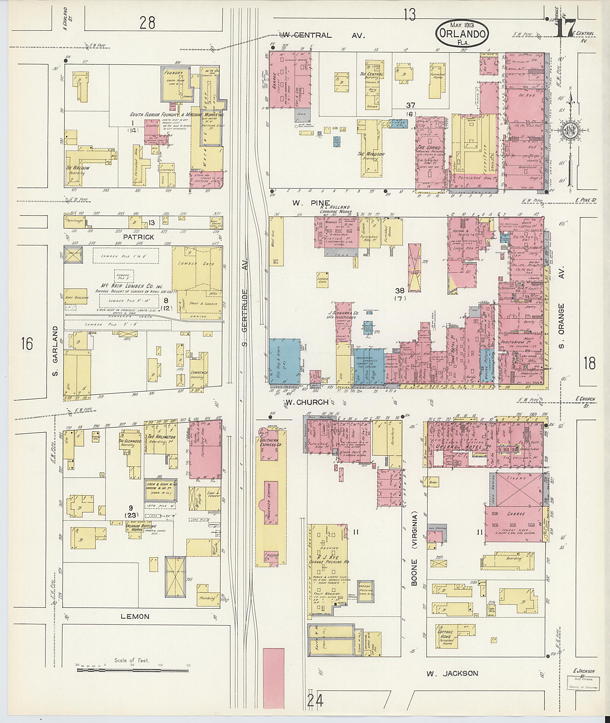 This old map of Orlando, Orange County, Florida was created by Sanborn Map Company in 1913