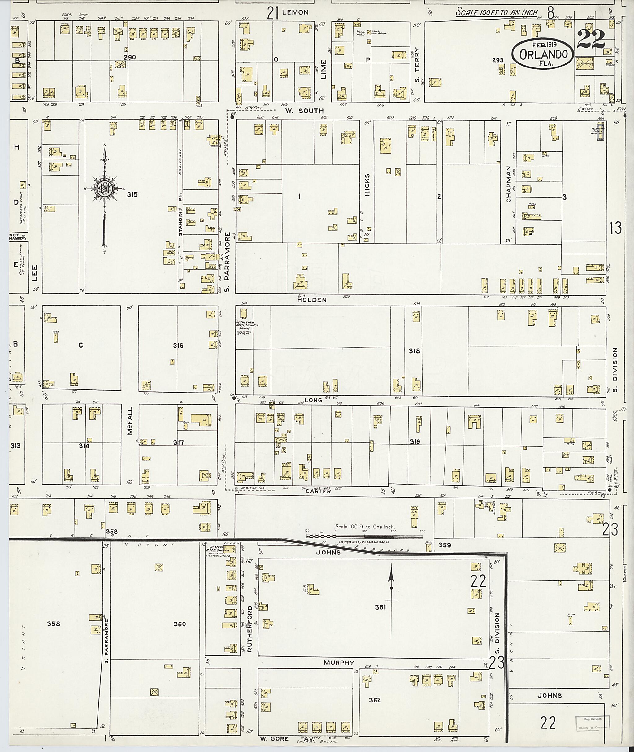 This old map of Orlando, Orange County, Florida was created by Sanborn Map Company in 1919