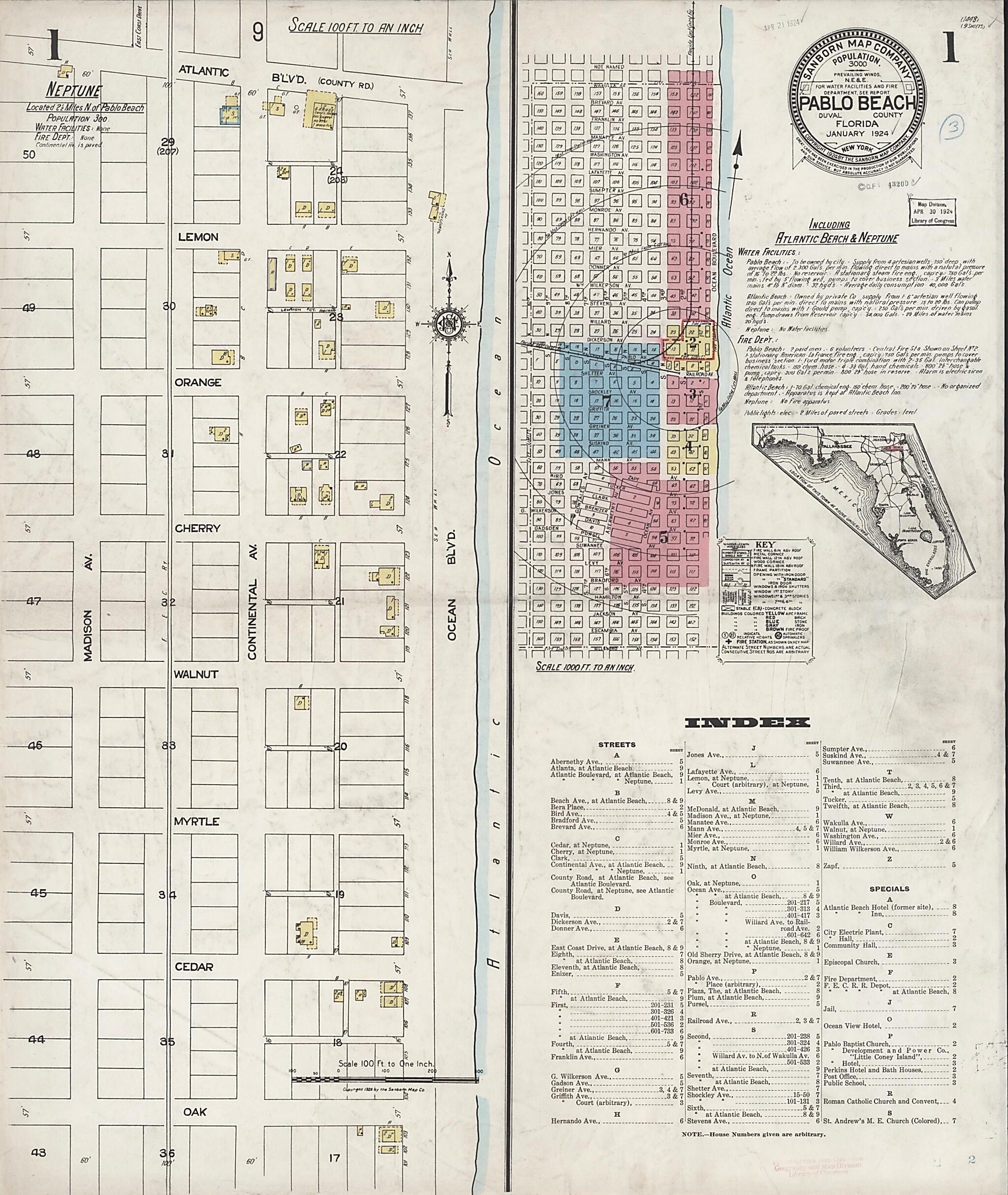 This old map of Pablo Beach, Duval County, Florida was created by Sanborn Map Company in 1924