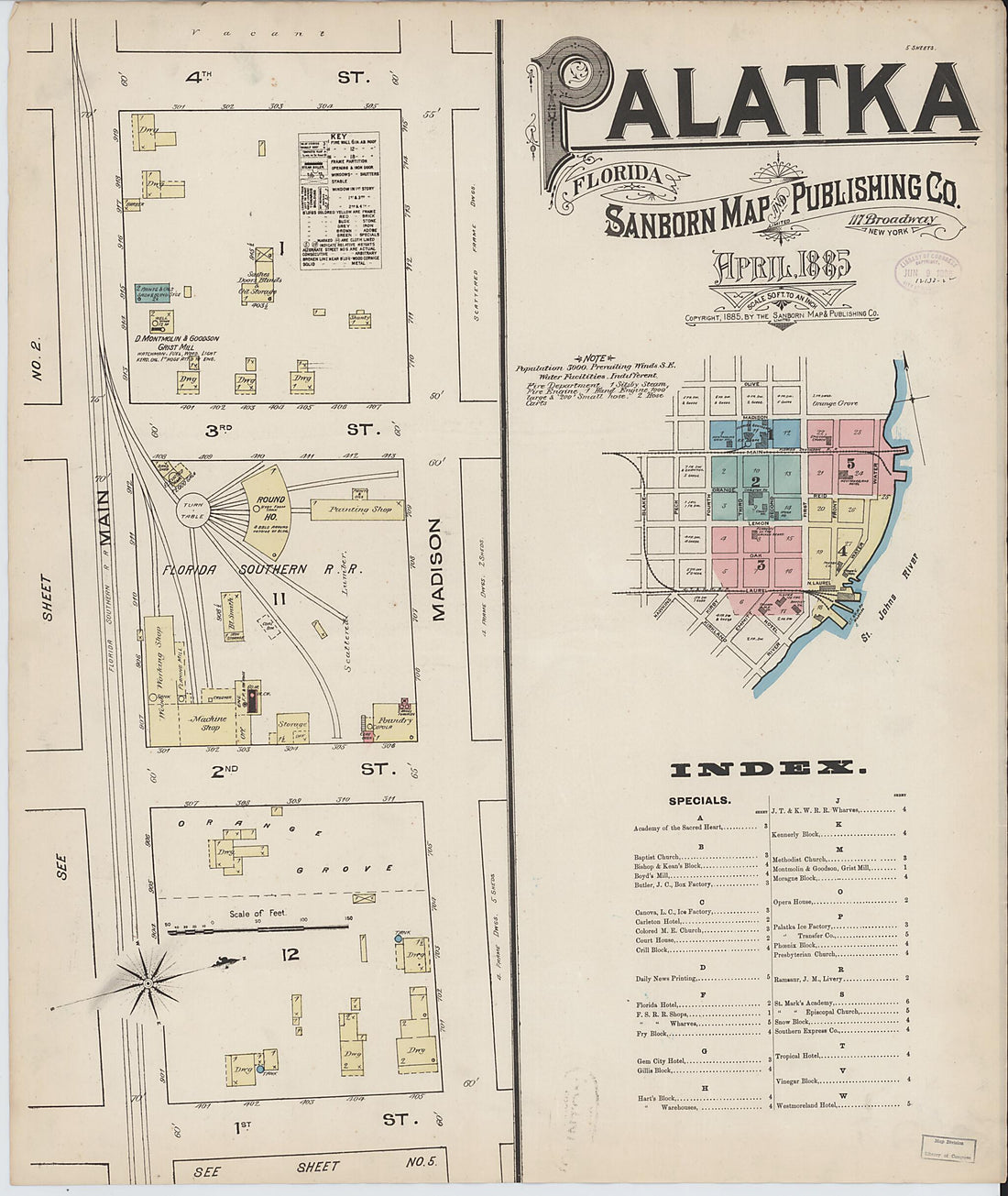 This old map of Palatka, Putnam County, Florida was created by Sanborn Map Company in 1885
