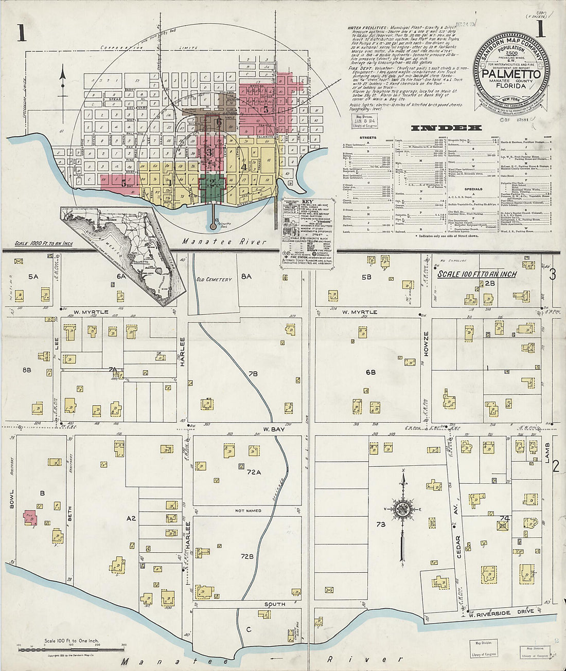 This old map of Palmetto, Manatee County, Florida was created by Sanborn Map Company in 1923