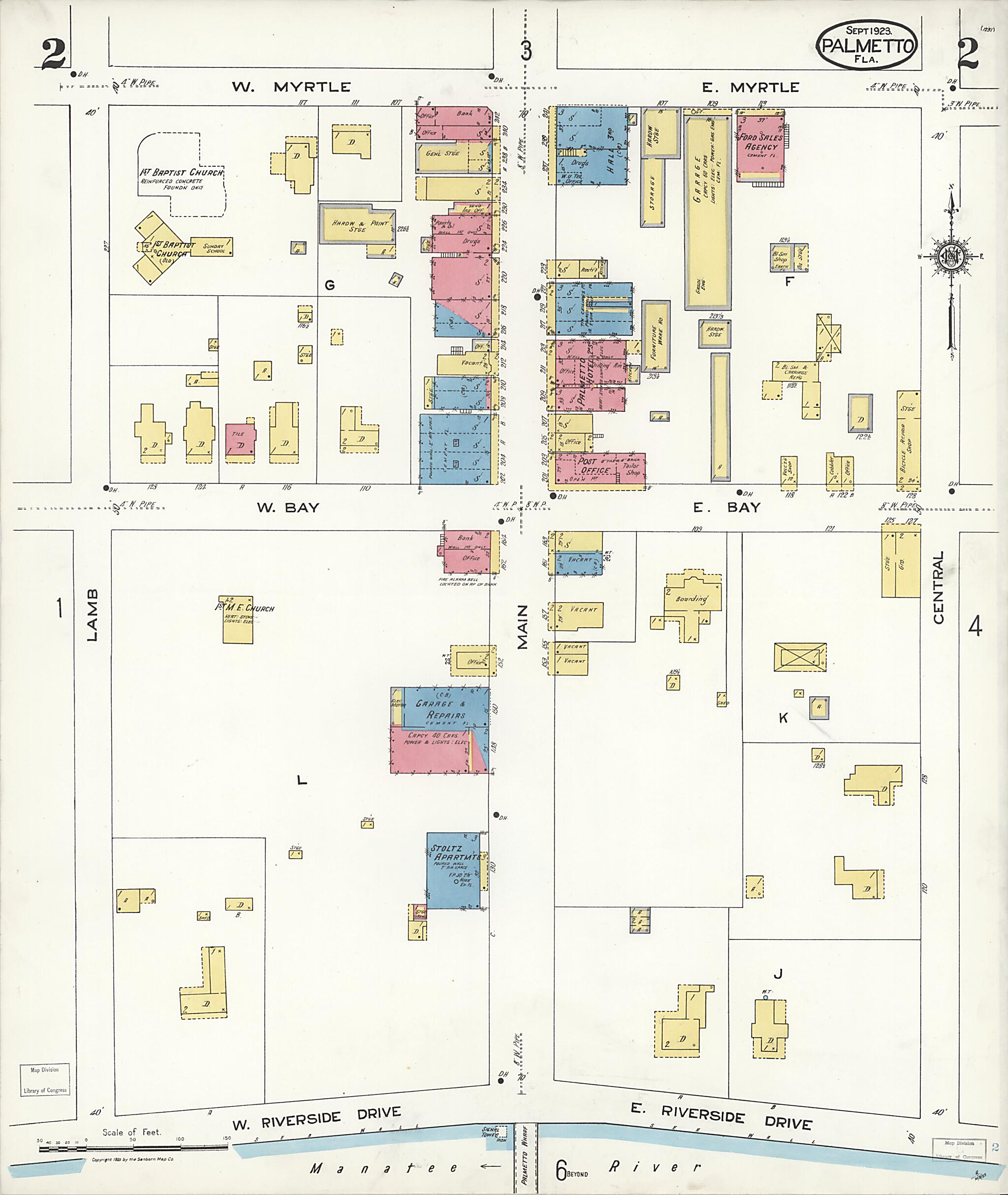 This old map of Palmetto, Manatee County, Florida was created by Sanborn Map Company in 1923