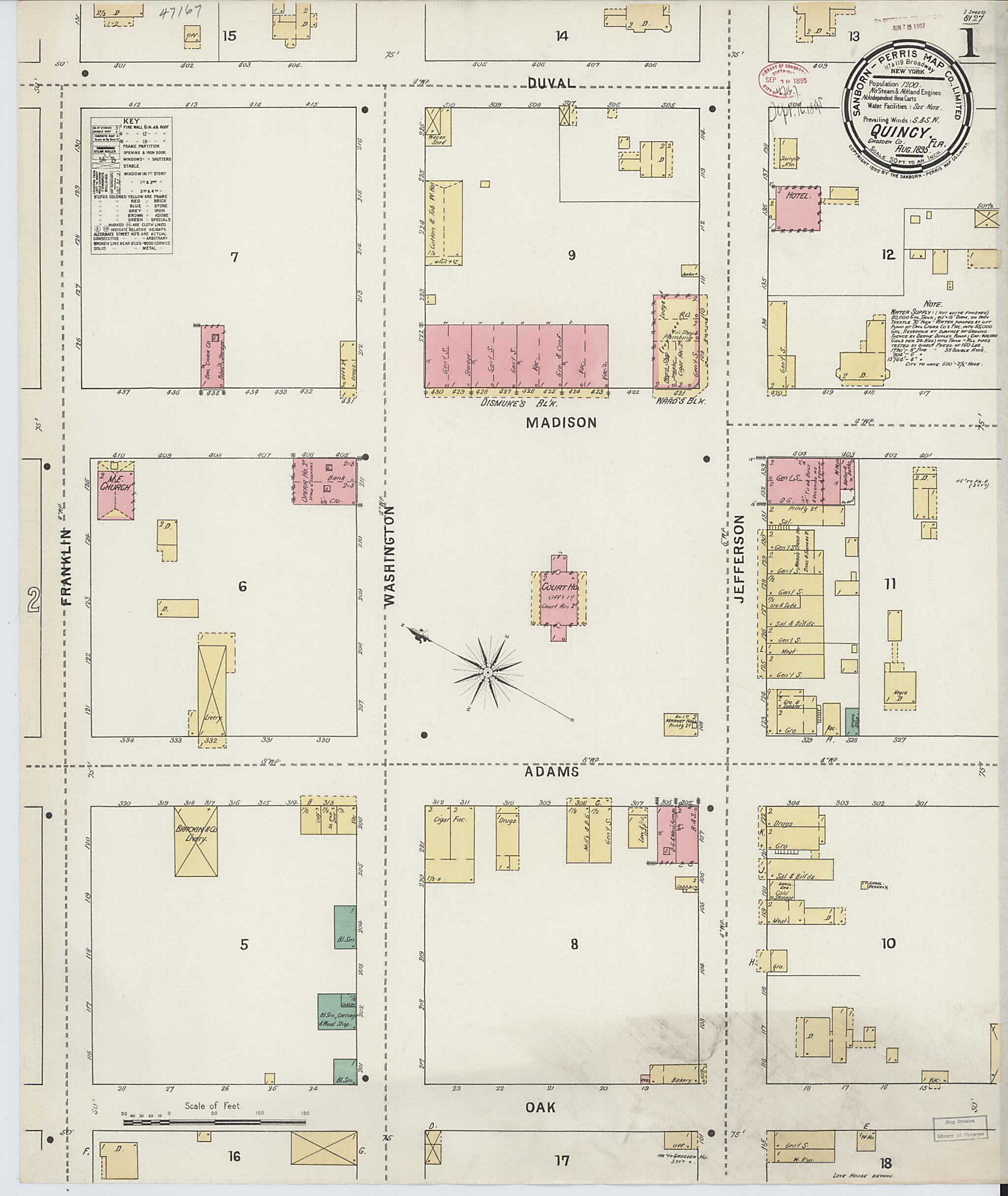 This old map of Quincy, Gadsden County, Florida was created by Sanborn Map Company in 1895