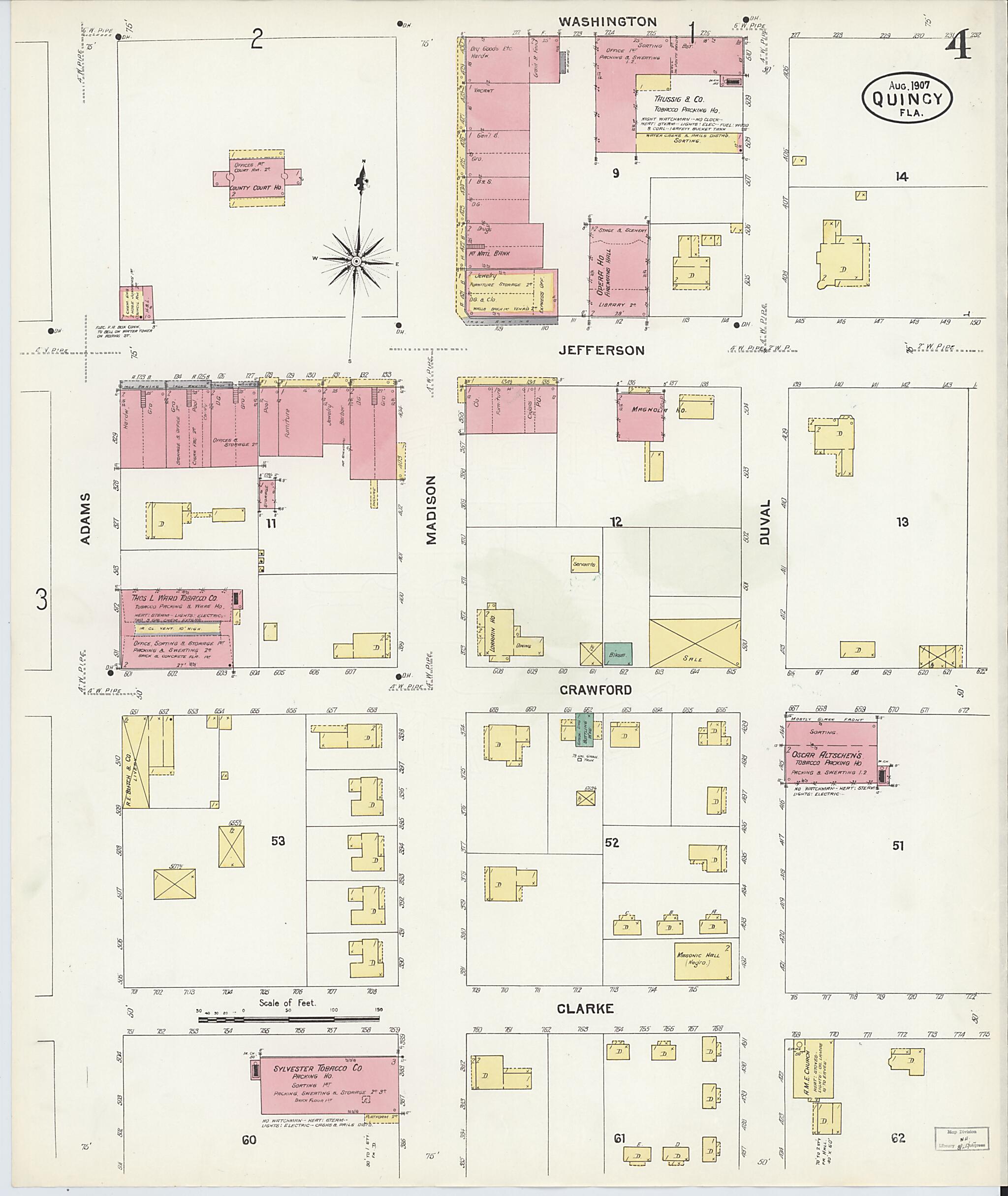 This old map of Quincy, Gadsden County, Florida was created by Sanborn Map Company in 1907