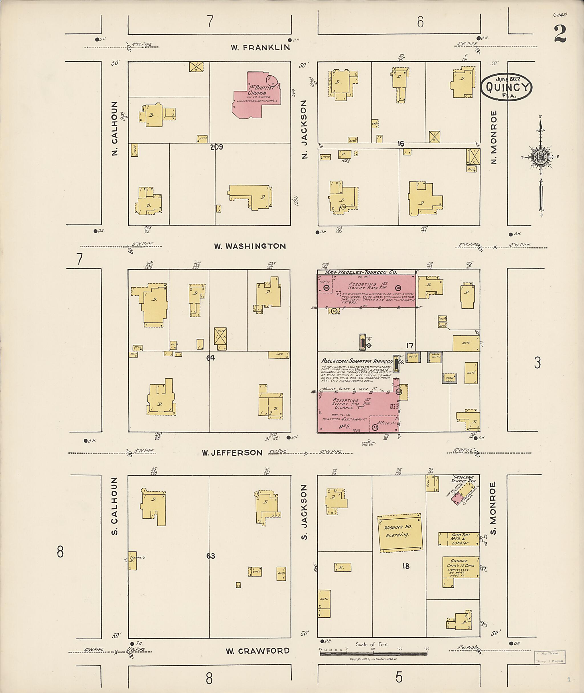 This old map of Quincy, Gadsden County, Florida was created by Sanborn Map Company in 1922