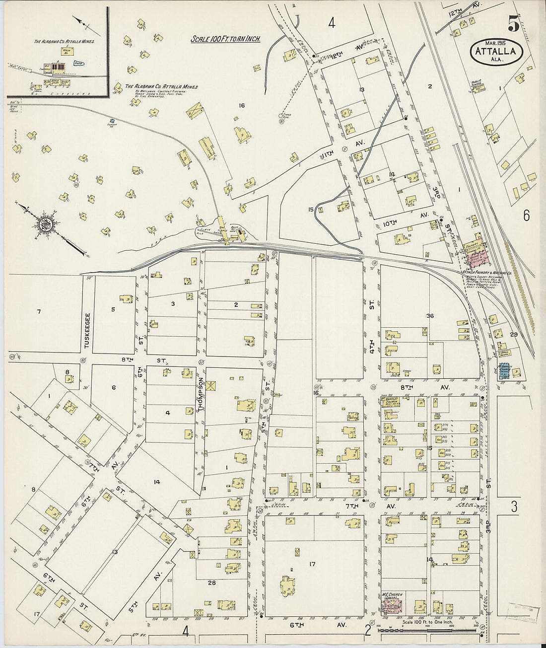 This old map of Attalla, Etowah County, Alabama was created by Sanborn Map Company in 1915