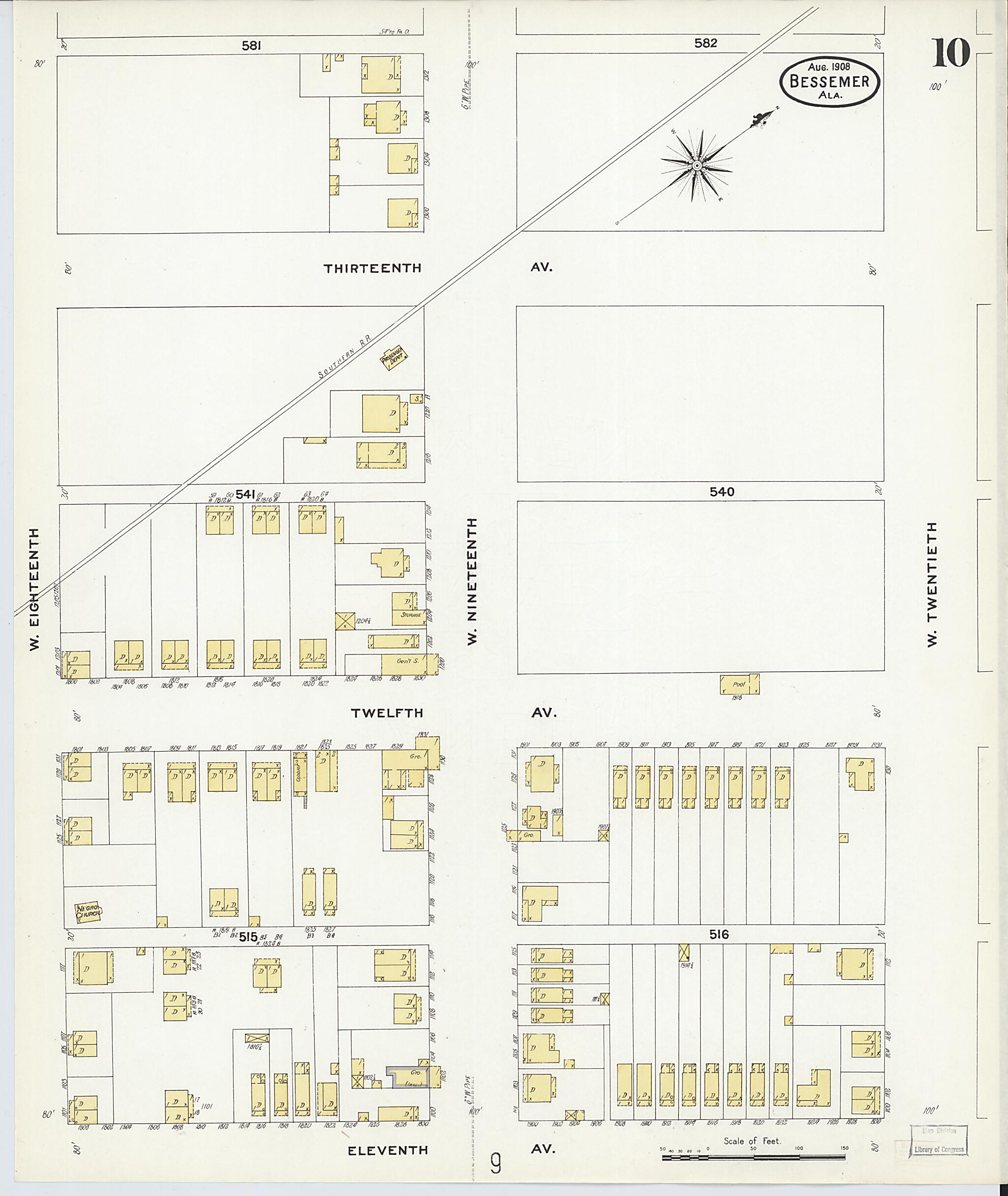 Bessemer, Jefferson County, Alabama 1908 (Sheet 10 of 24) by Relic Map Company