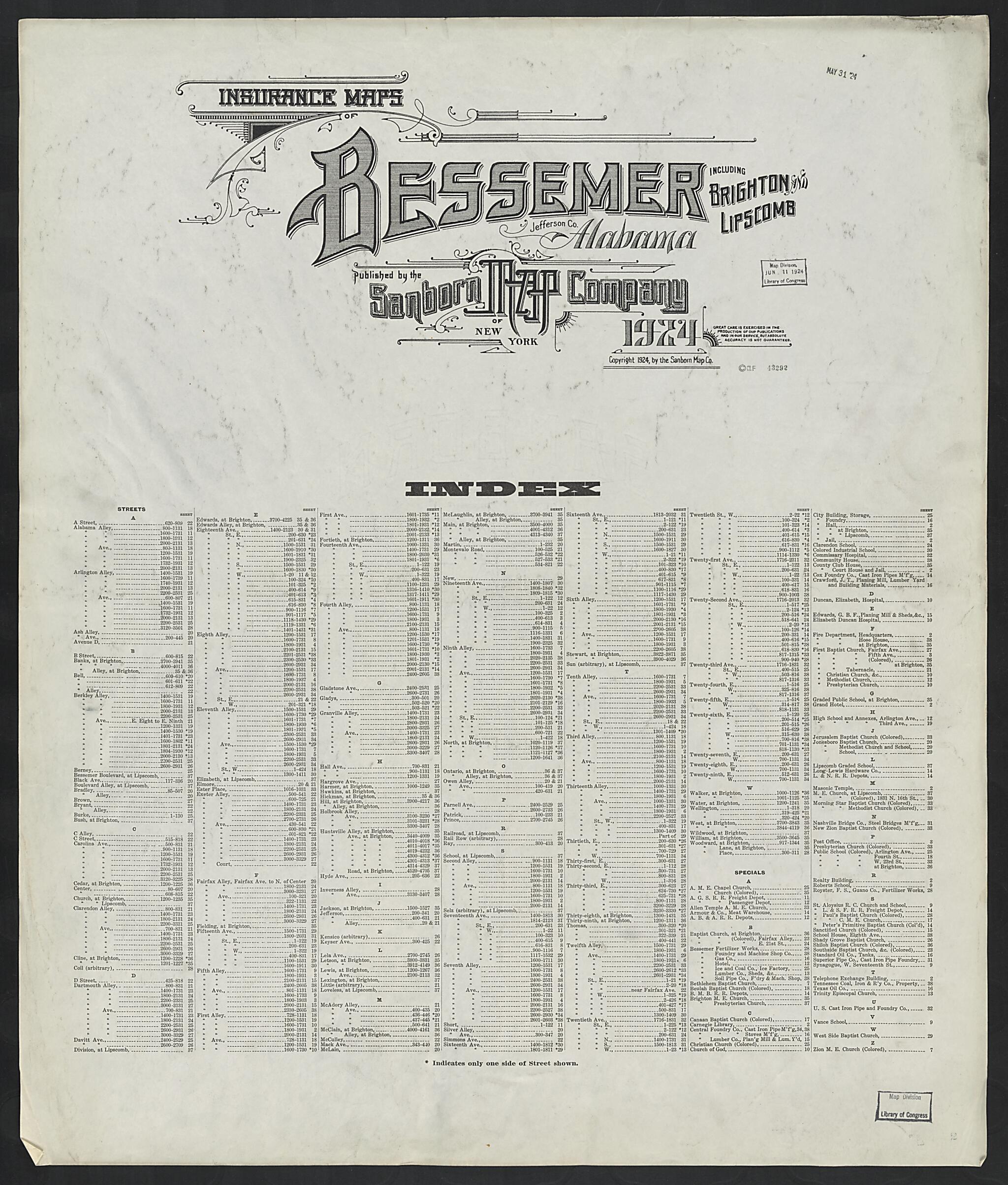 Bessemer, Jefferson County, Alabama 1924 (Sheet 39) by Relic Map Company
