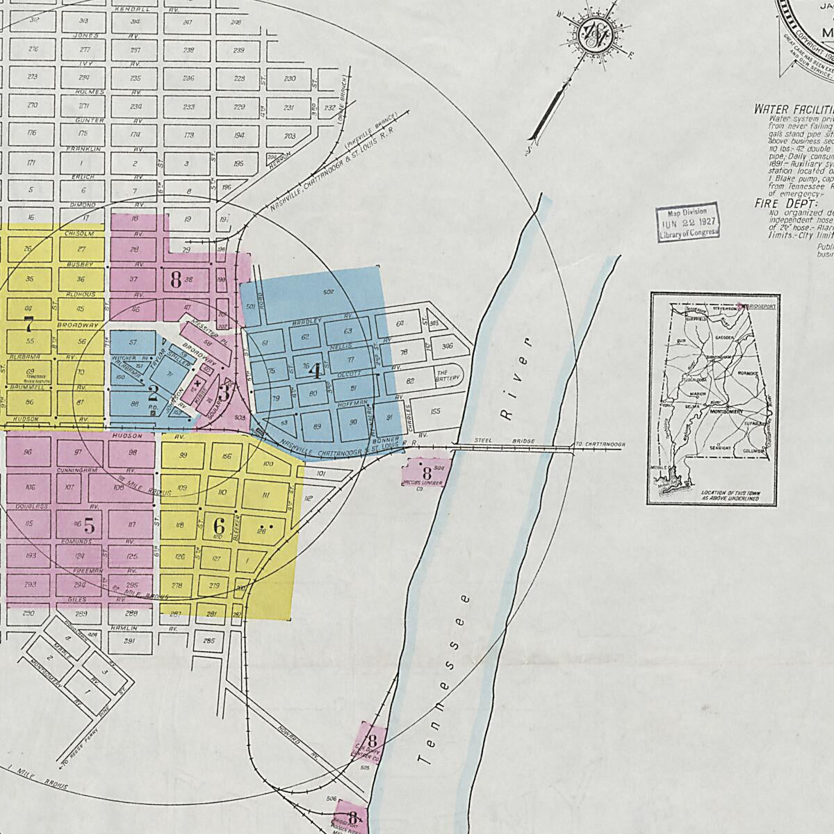 This old map of Bridgeport, Jackson County, Alabama was created by Sanborn Map Company in 1927