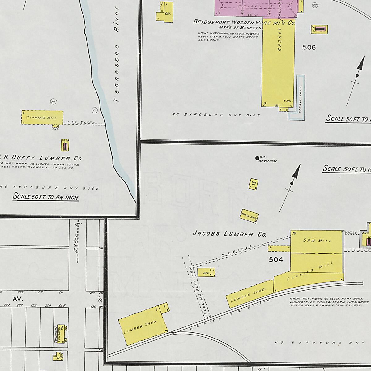 This old map of Bridgeport, Jackson County, Alabama was created by Sanborn Map Company in 1927