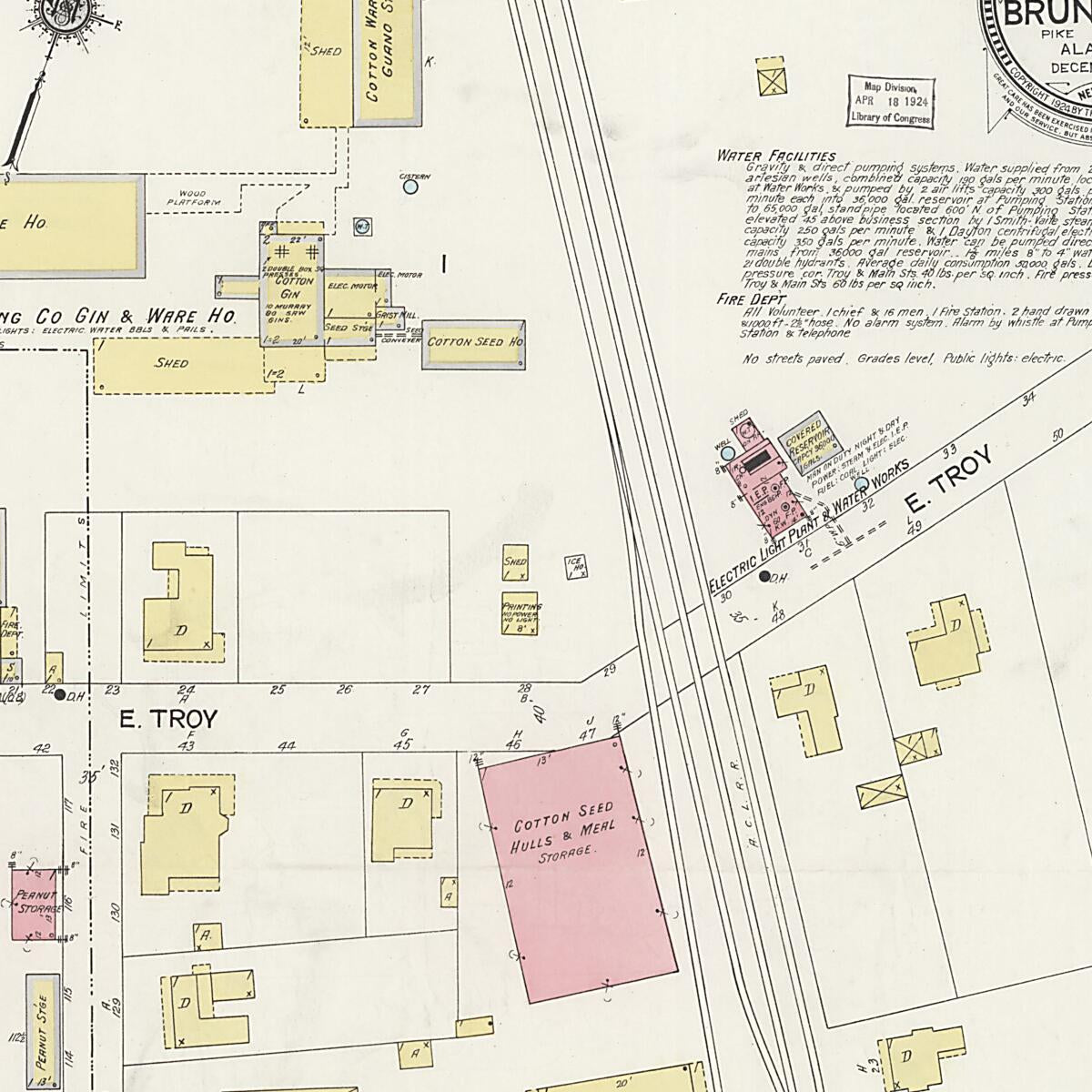 This old map of Brundidge, Pike County, Alabama was created by Sanborn Map Company in 1923