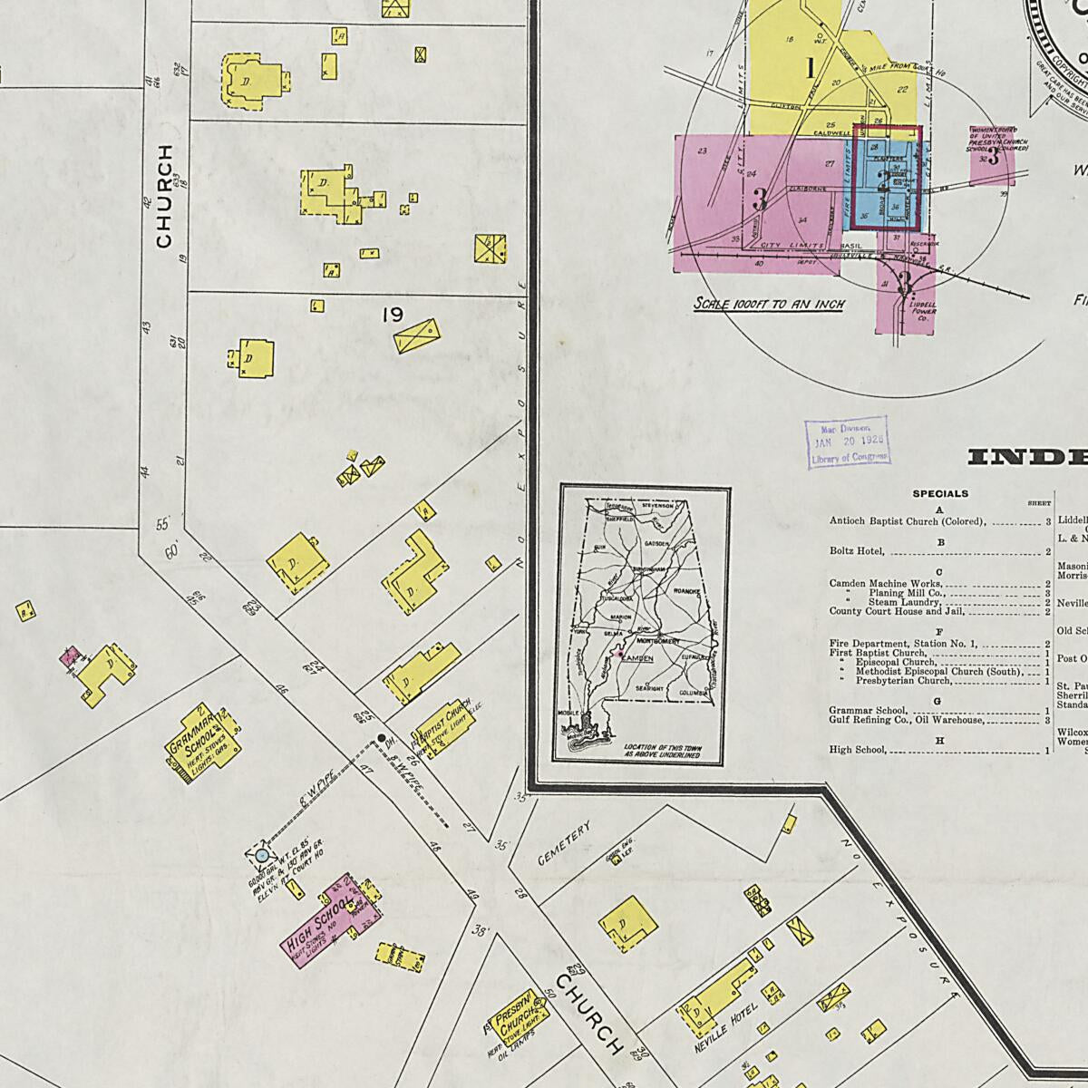 This old map of Camden, Wilcox County, Alabama was created by Sanborn Map Company in 1925