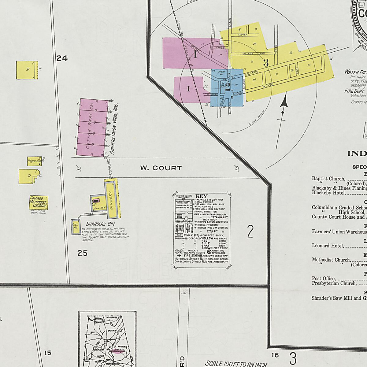 This old map of Columbiana, Shelby County, Alabama was created by Sanborn Map Company in 1923