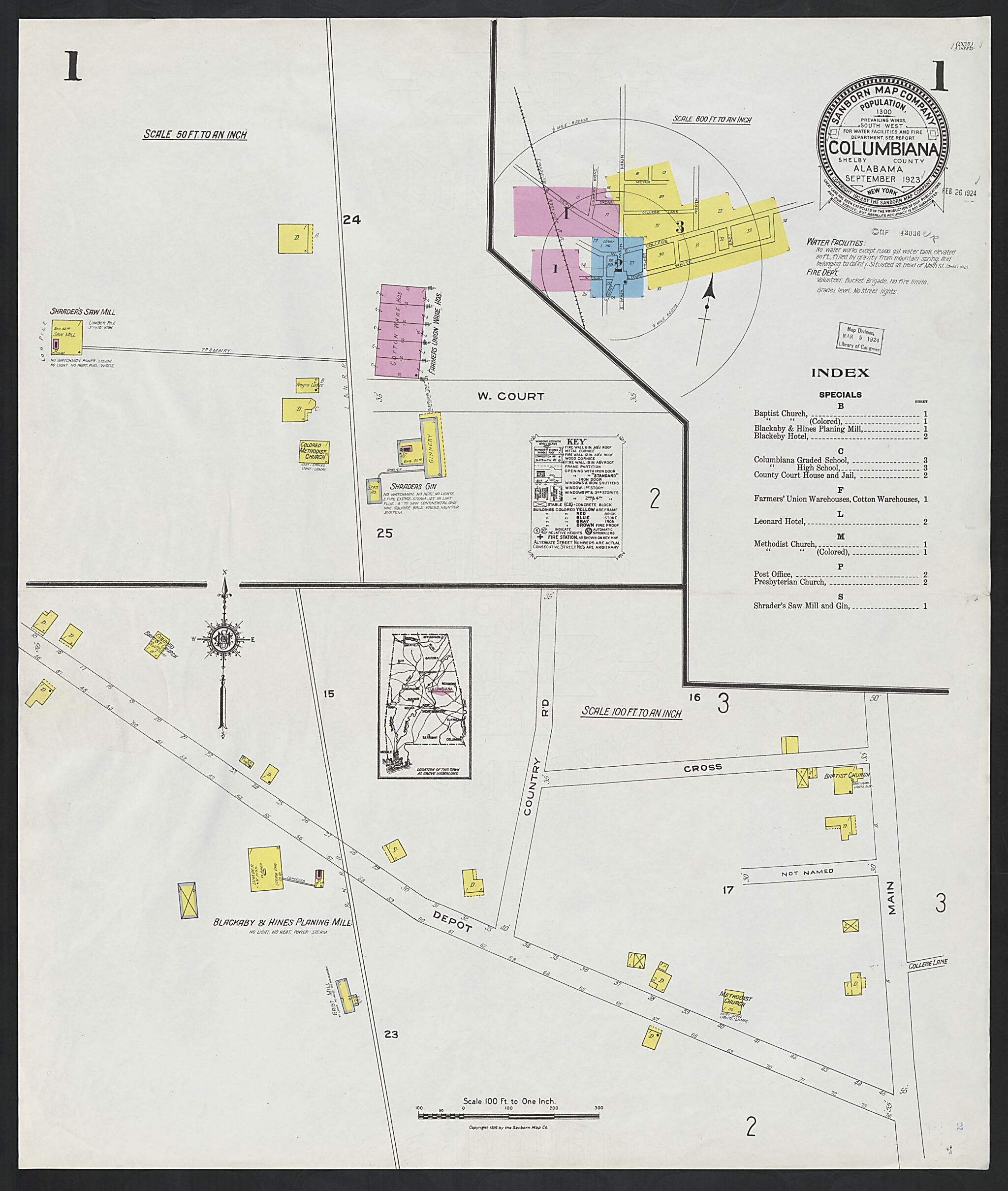 Columbiana, Shelby County, Alabama 1923 (Sheet 1 of 3) by Relic Map Company