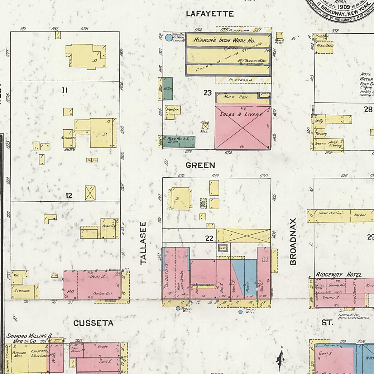 This old map of Dadeville, Tallapoosa County, Alabama was created by Sanborn Map Company in 1909