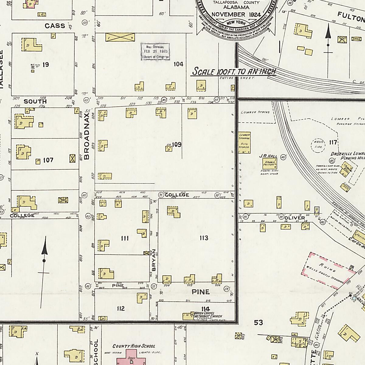 This old map of Dadeville, Tallapoosa County, Alabama was created by Sanborn Map Company in 1924
