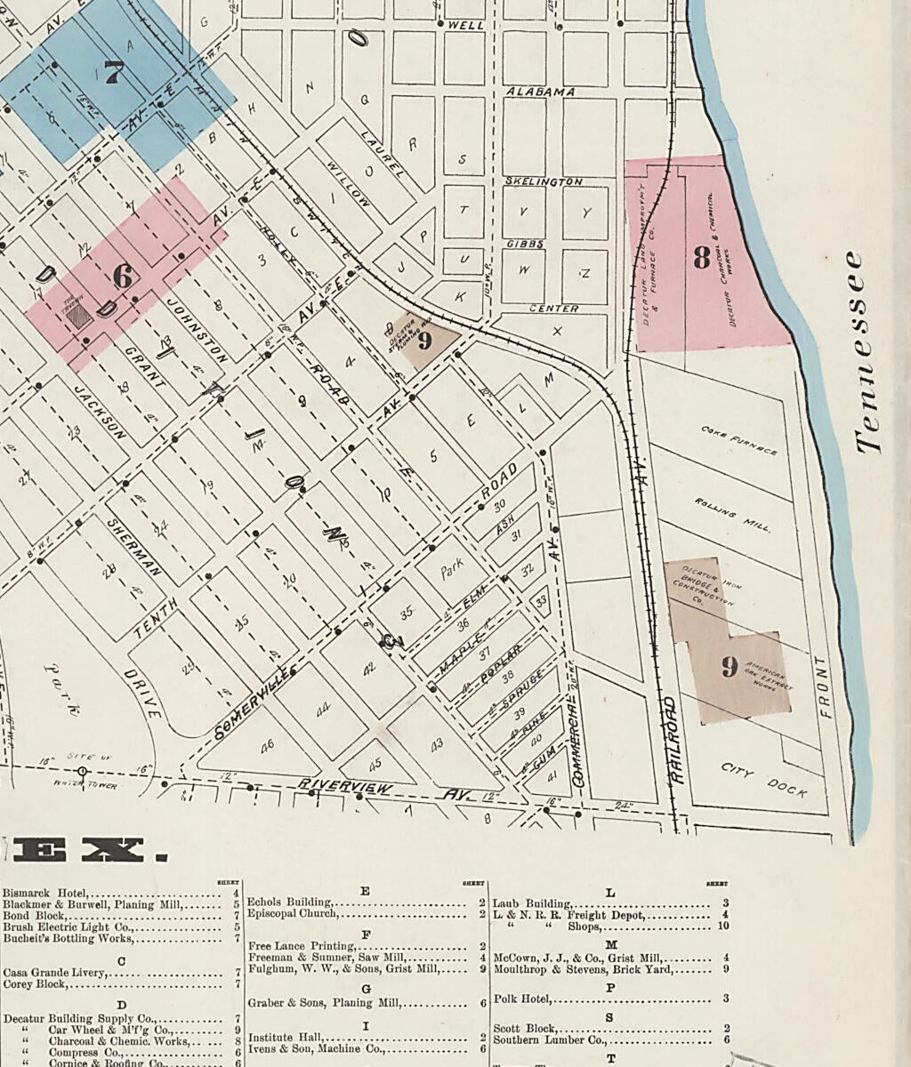 This old map of New Decatur, Morgan County, Alabama was created by Sanborn Map Company in 1888