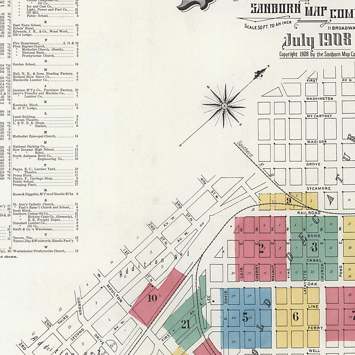 This old map of New Decatur, Morgan County, Alabama was created by Sanborn Map Company in 1908