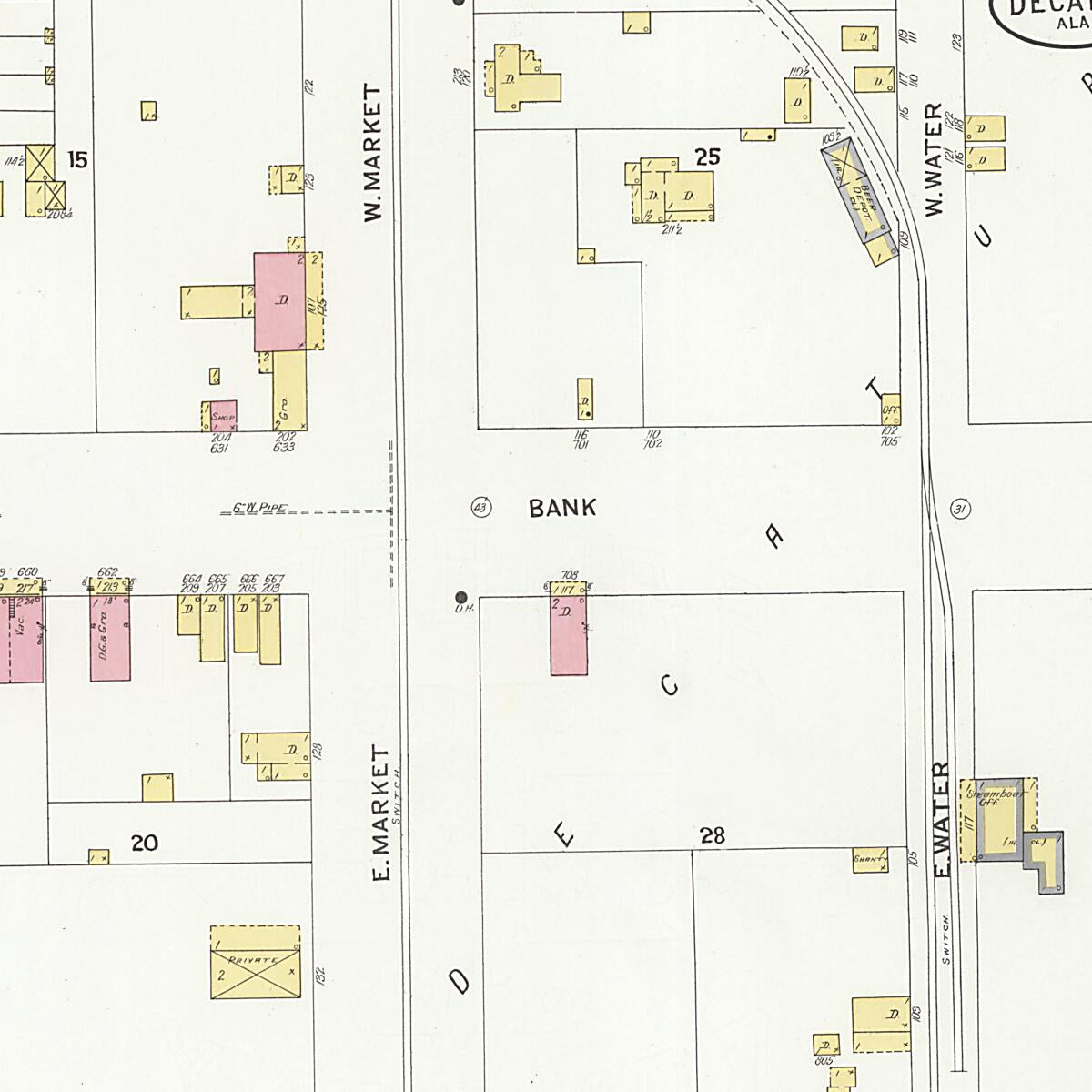 This old map of New Decatur, Morgan County, Alabama was created by Sanborn Map Company in 1908