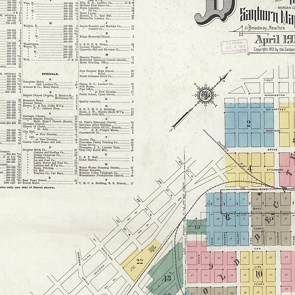 This old map of New Decatur, Morgan County, Alabama was created by Sanborn Map Company in 1913