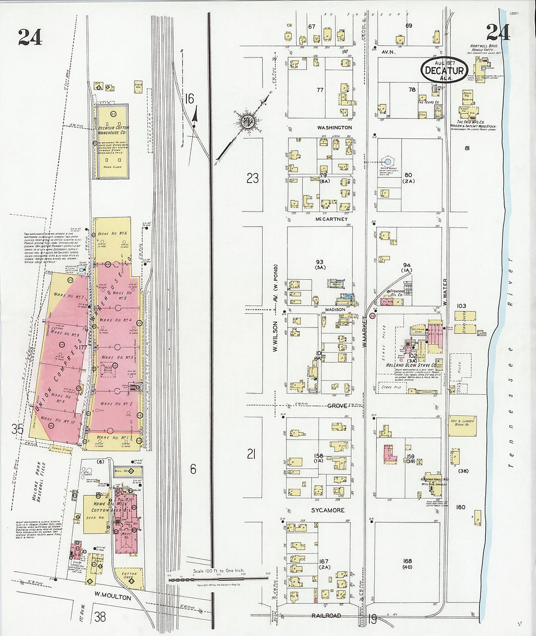 This old map of Decatur, Morgan County, Alabama was created by Sanborn Map Company in 1927