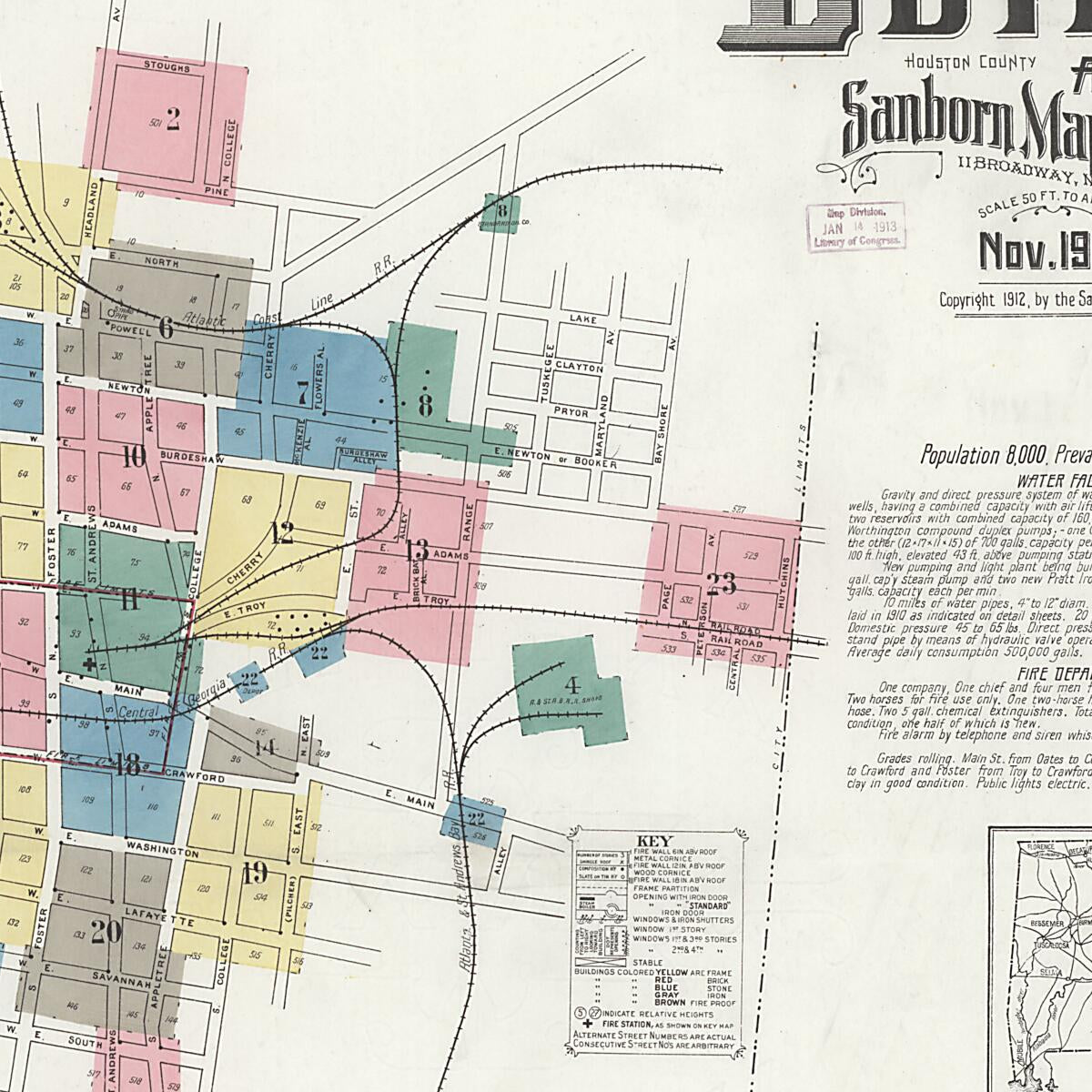 This old map of Dothan, Houston County, Alabama was created by Sanborn Map Company in 1912