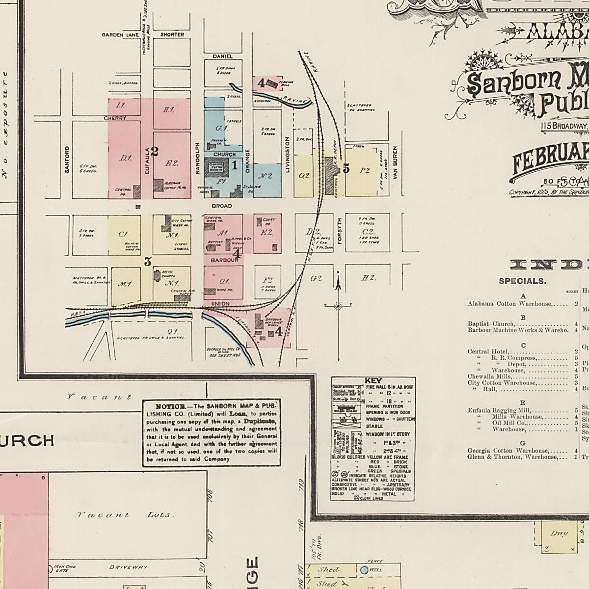 This old map of Eufaula, Barbour County, Alabama was created by Sanborn Map Company in 1885
