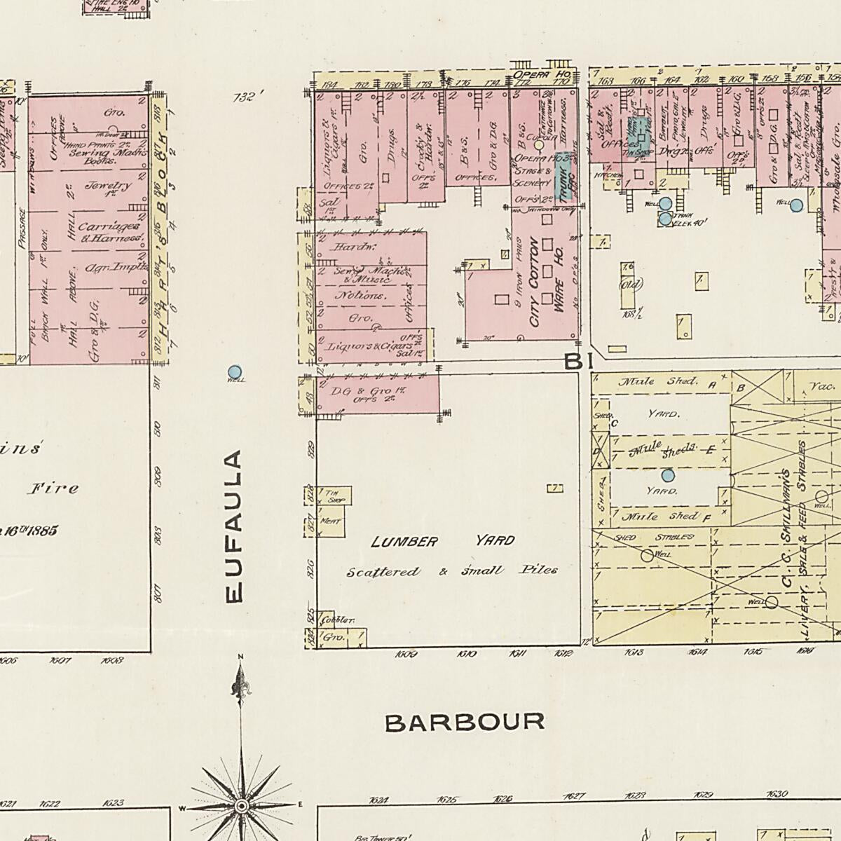 This old map of Eufaula, Barbour County, Alabama was created by Sanborn Map Company in 1885