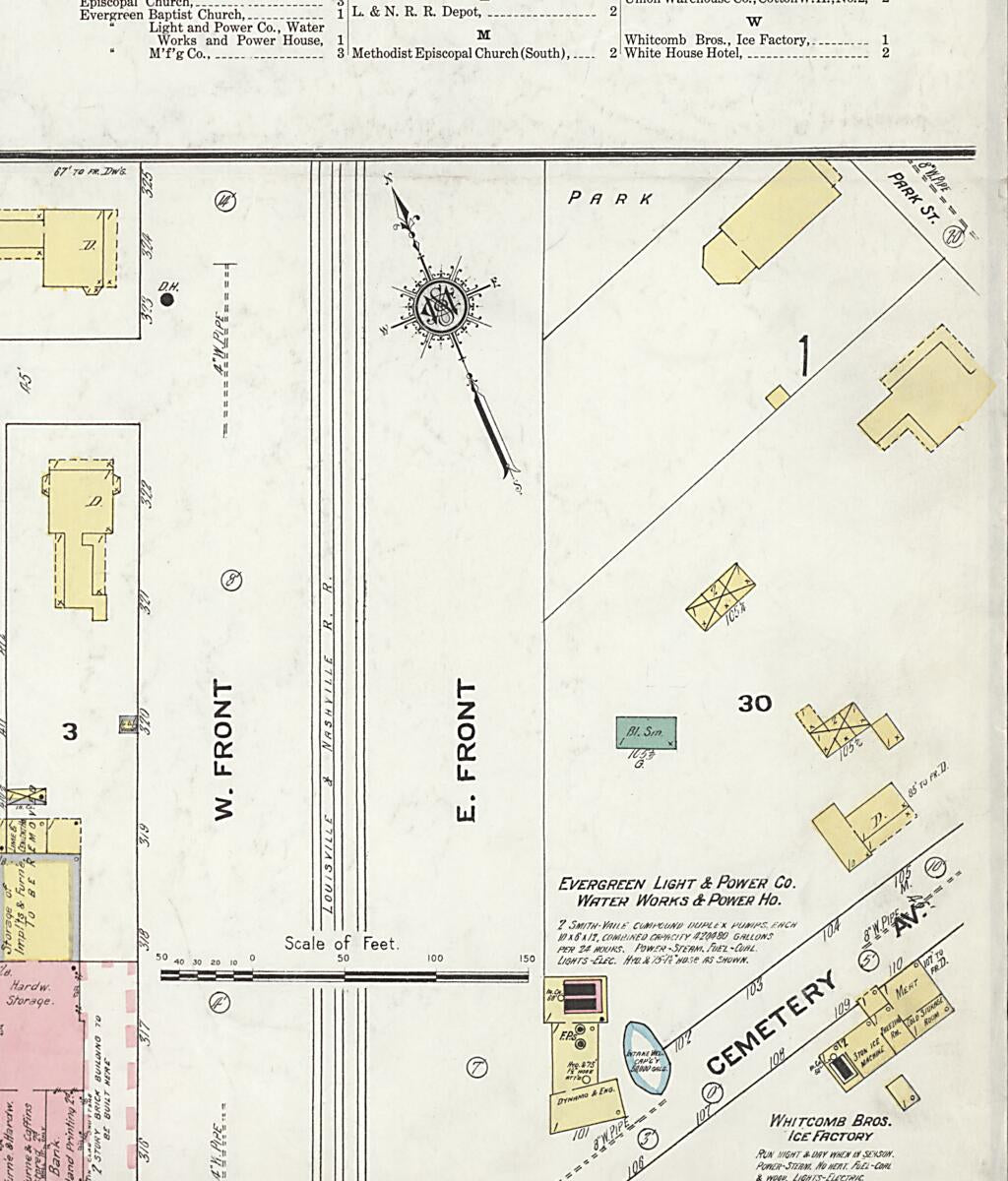 This old map of Evergreen, Conecuh County, Alabama was created by Sanborn Map Company in 1910