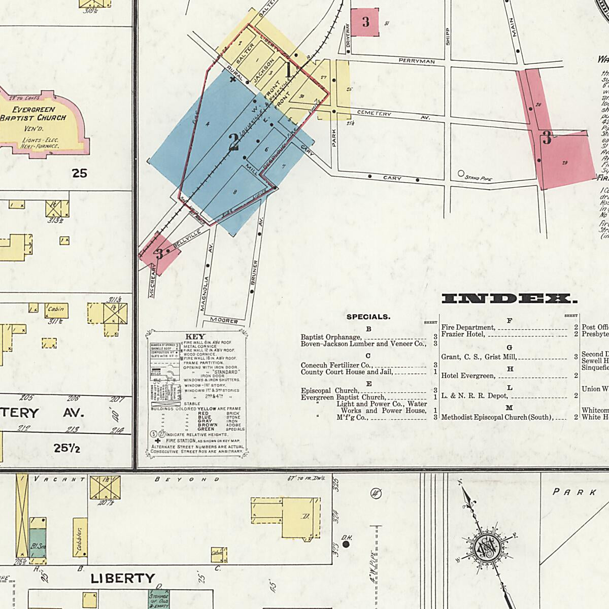 This old map of Evergreen, Conecuh County, Alabama was created by Sanborn Map Company in 1910