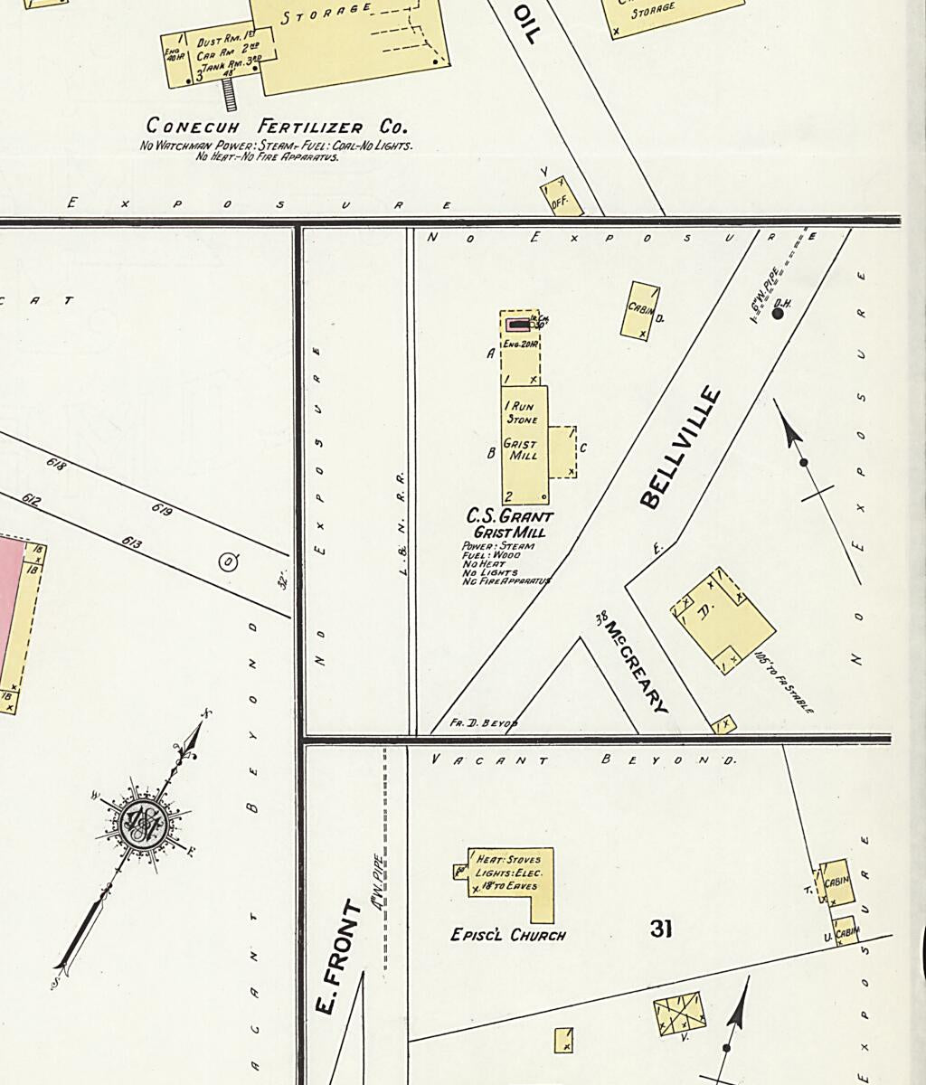 This old map of Evergreen, Conecuh County, Alabama was created by Sanborn Map Company in 1910