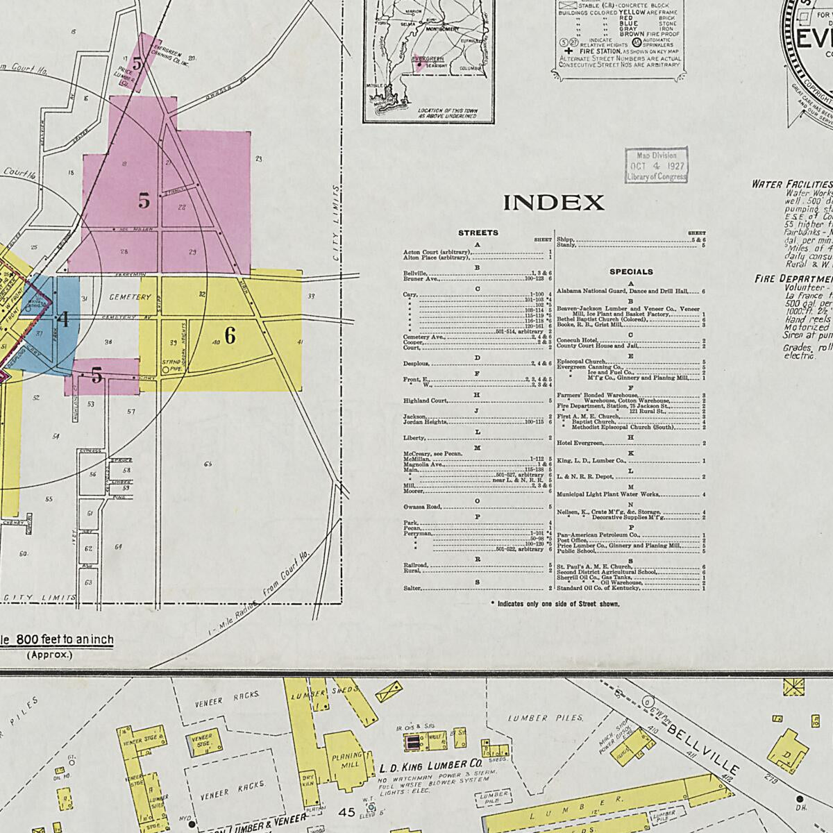 This old map of Evergreen, Conecuh County, Alabama was created by Sanborn Map Company in 1927