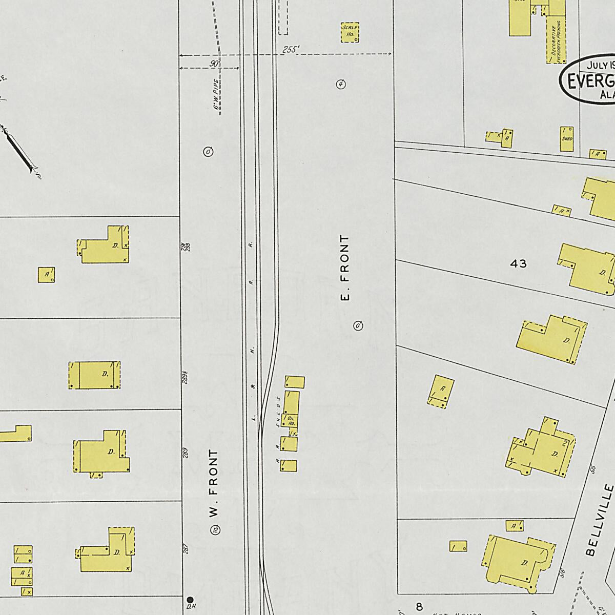 This old map of Evergreen, Conecuh County, Alabama was created by Sanborn Map Company in 1927