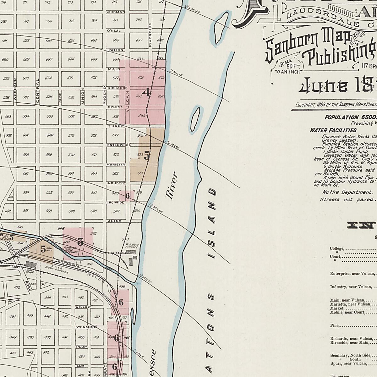 This old map of Florence, Lauderdale County, Alabama was created by Sanborn Map Company in 1889