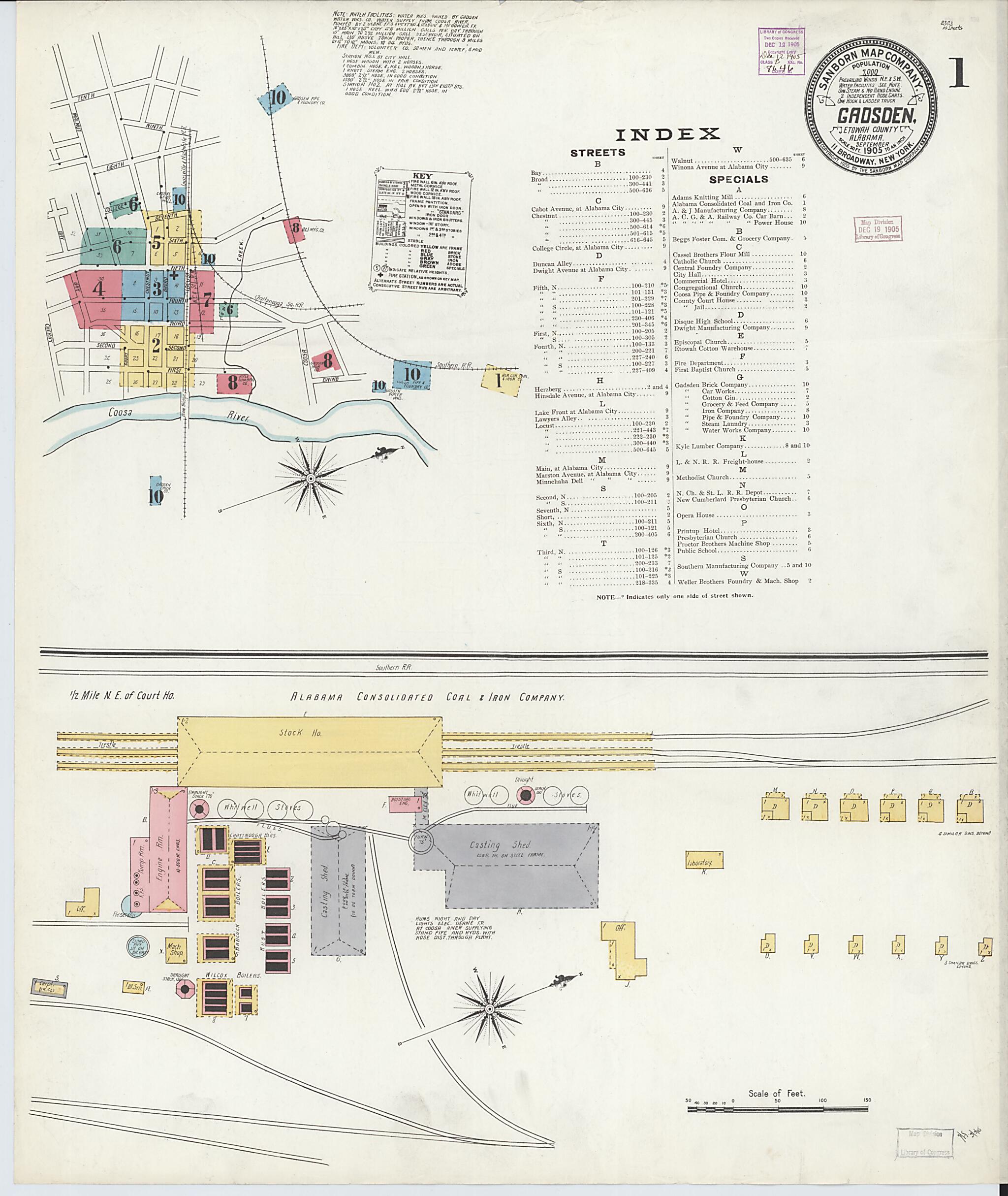 This old map of Gadsden, Etowah County, Alabama was created by Sanborn Map Company in 1905