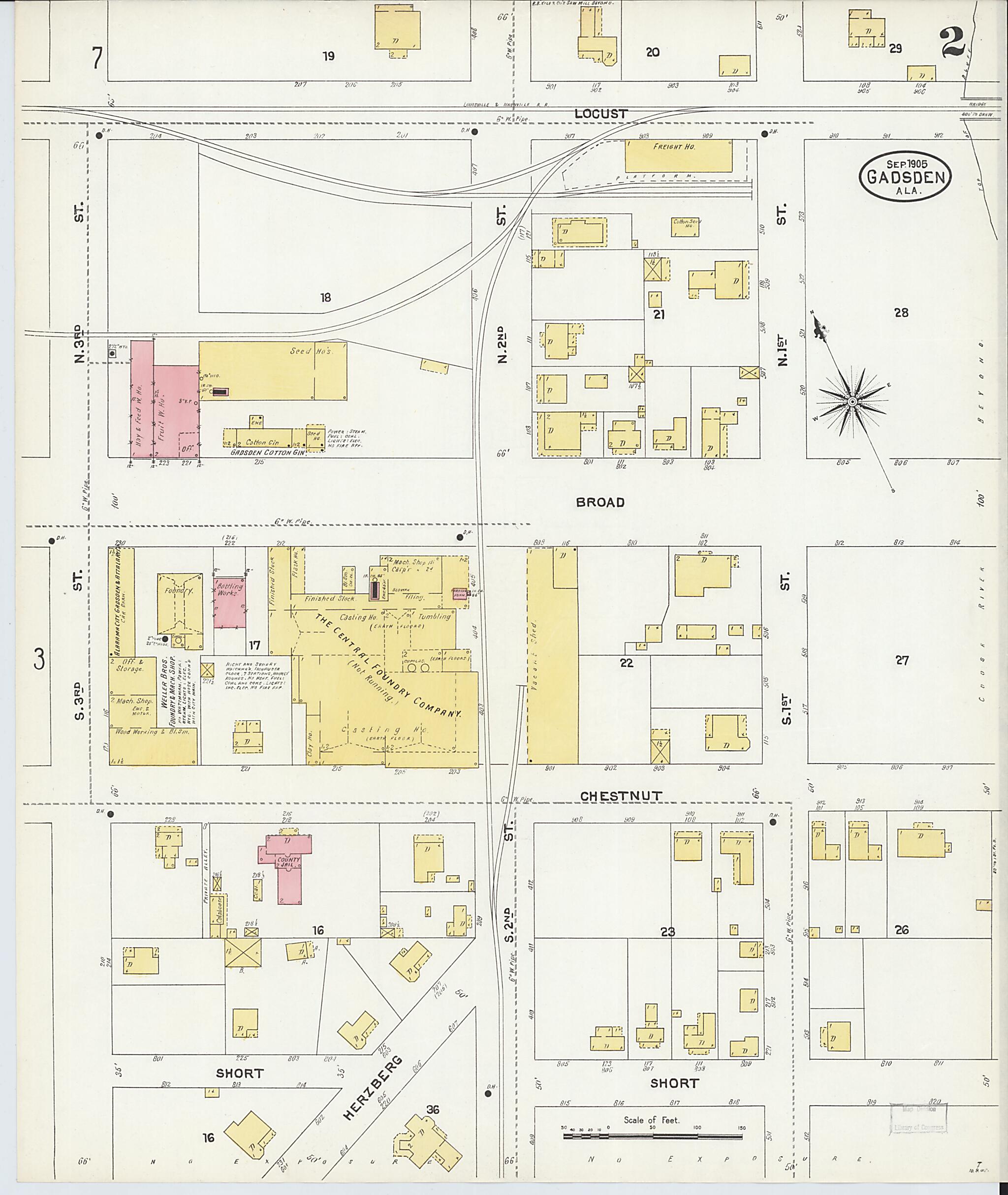 This old map of Gadsden, Etowah County, Alabama was created by Sanborn Map Company in 1905