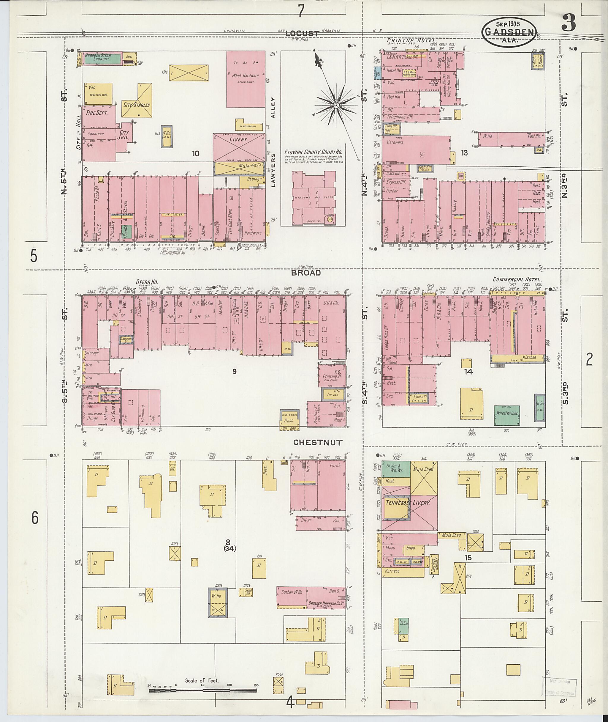This old map of Gadsden, Etowah County, Alabama was created by Sanborn Map Company in 1905