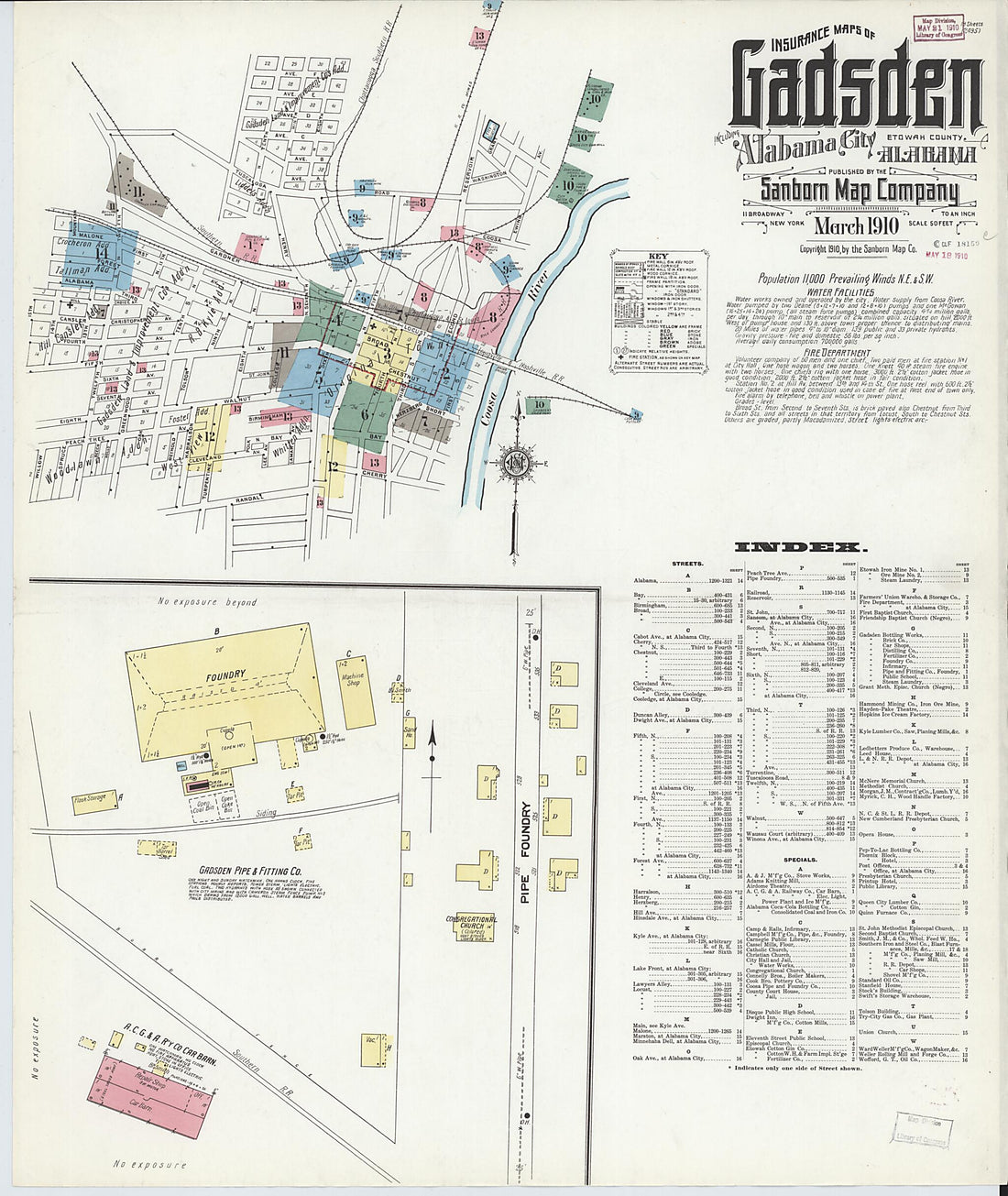 This old map of Gadsden, Etowah County, Alabama was created by Sanborn Map Company in 1910